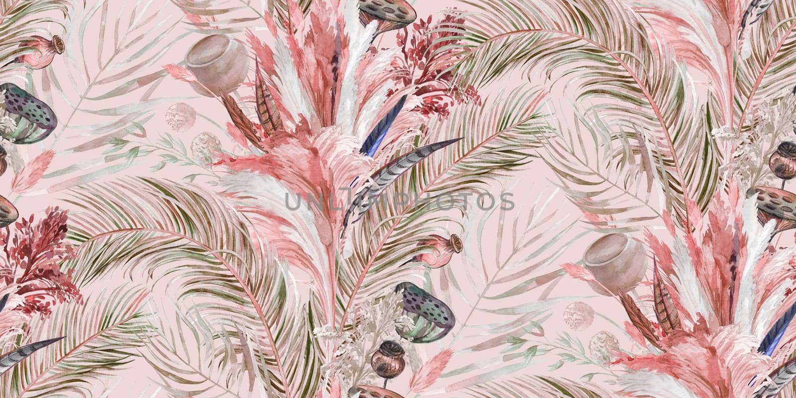 Seamless pattern with dry tropical palm leaves and pampas grass painted in watercolor for textile and surface design in boho style