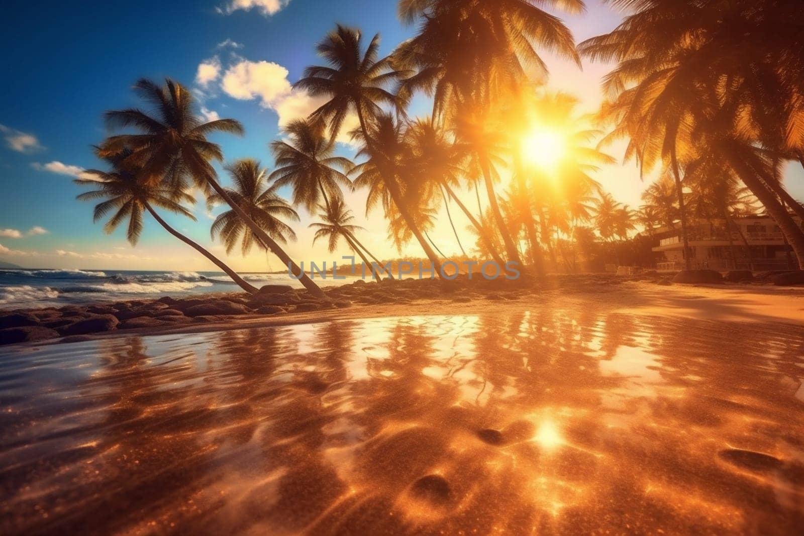 travel sun orange holiday island beautiful paradise sunrise palm coast dusk seascape landscape silhouette sunset vintage sea ocean sky beach. Generative AI.