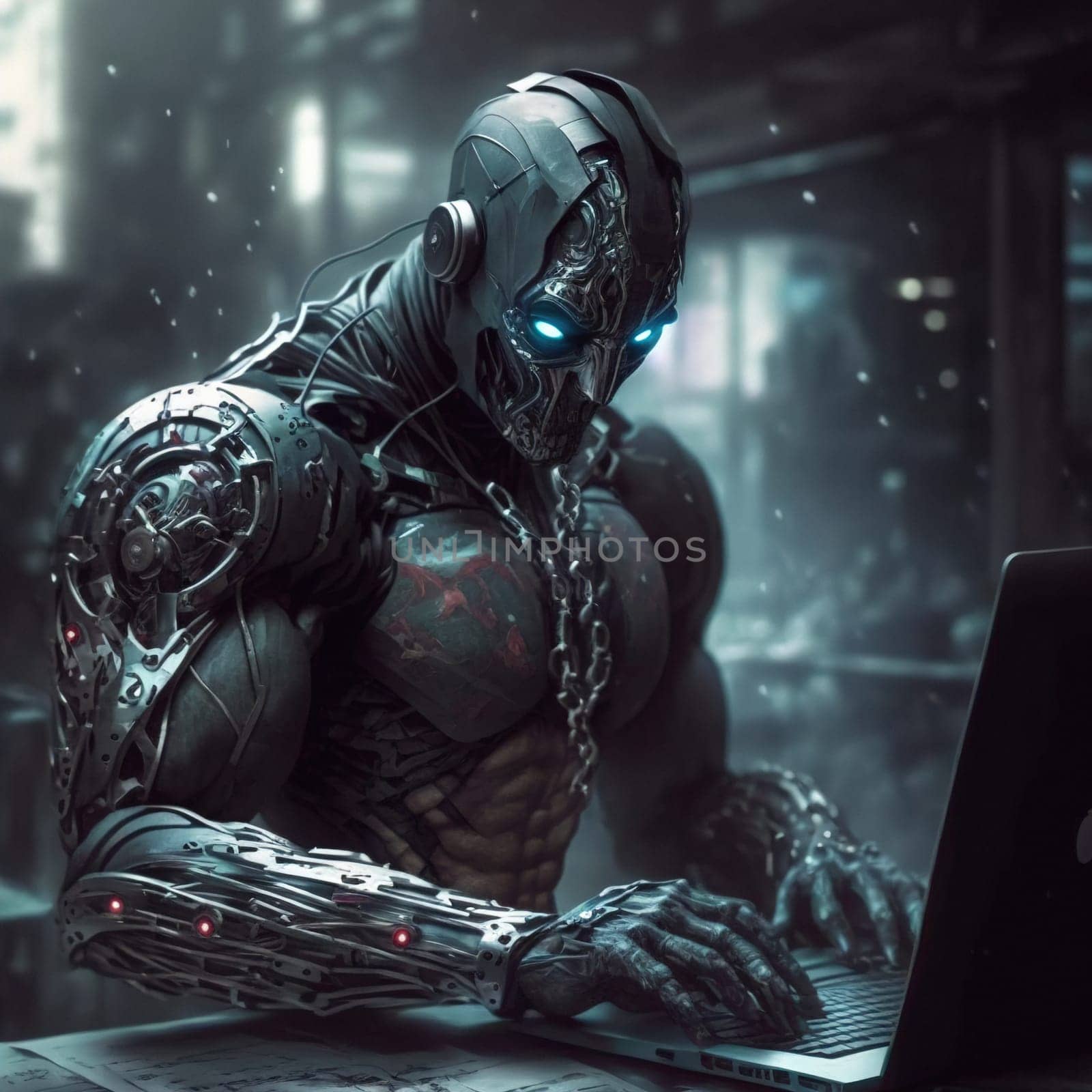 Professional Male Working on Laptop in High-Tech Environment with a Futuristic Vibe download