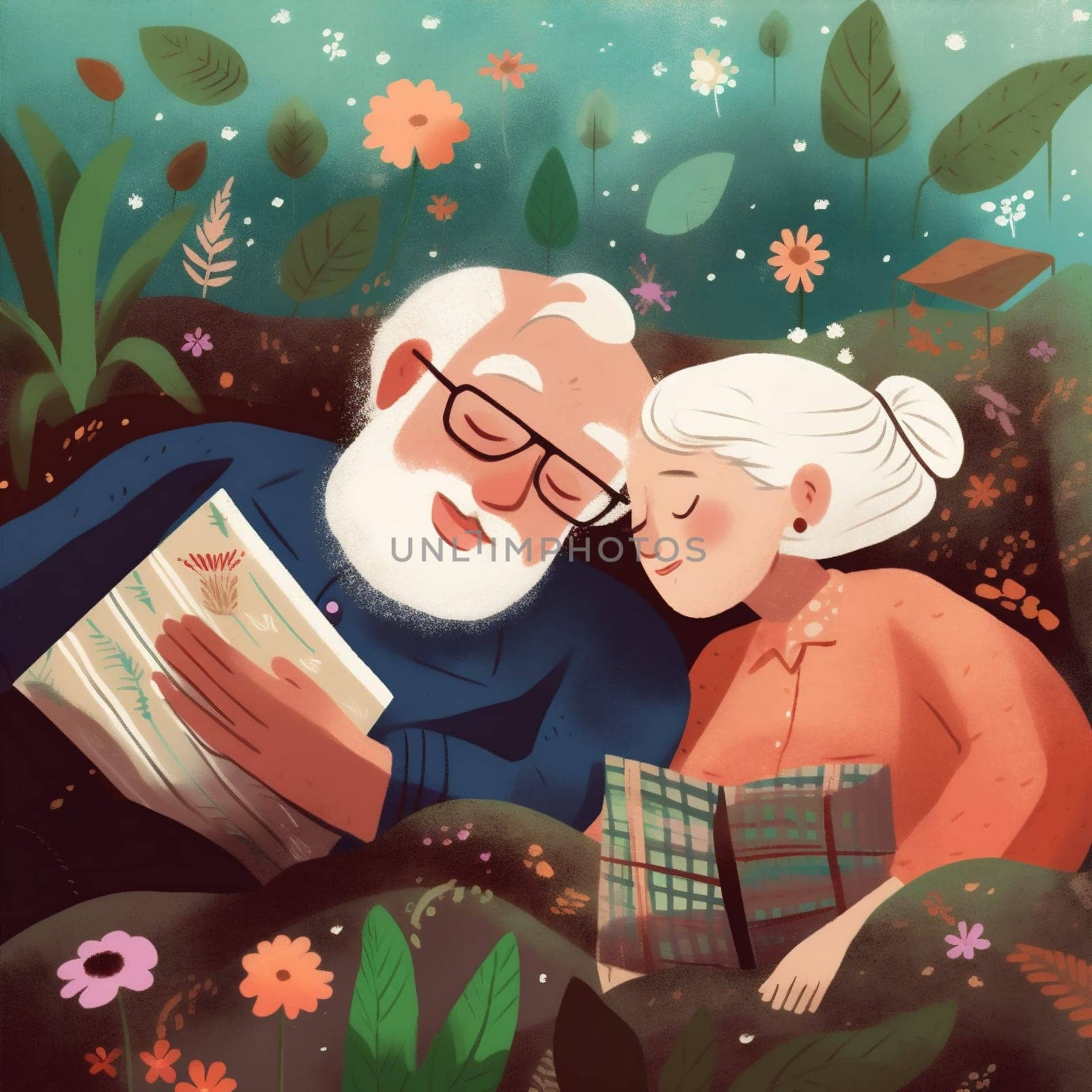 asleep woman man grandmother romantic couple bed aged sleep happiness home illustration male together flowers old retired happy love grandparent wife female. Generative AI.