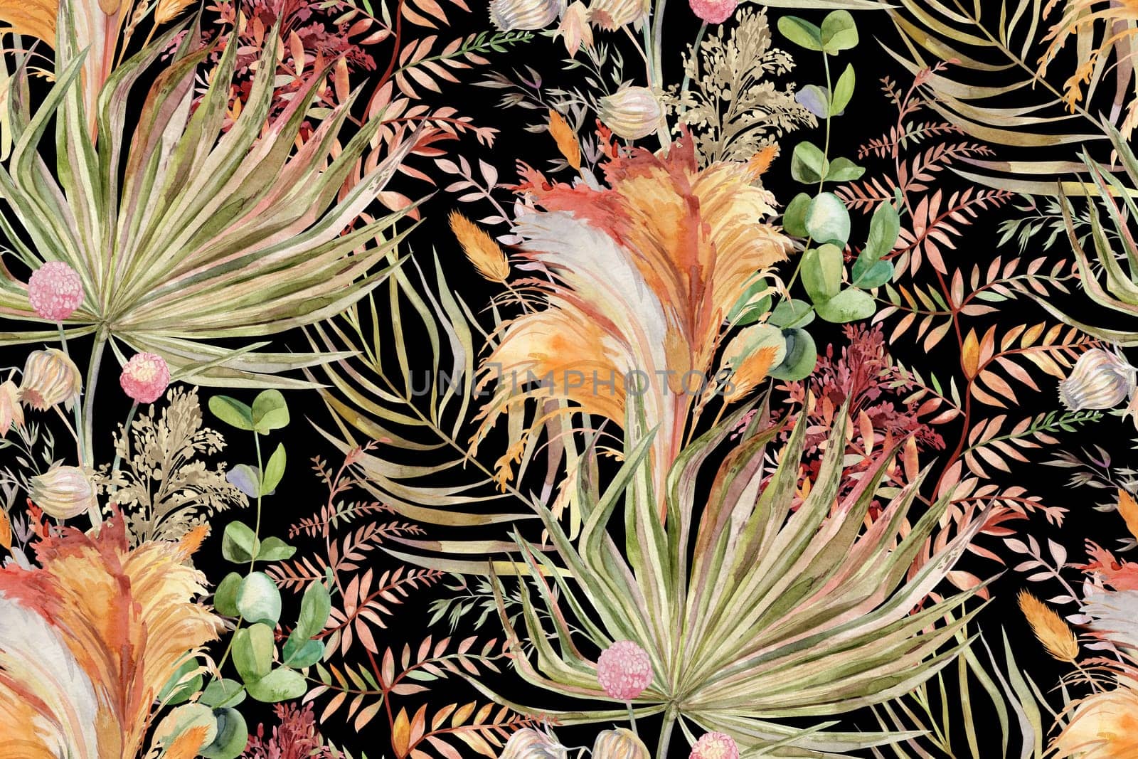Seamless pattern with herbs and palm leaves and pampas grass for textile