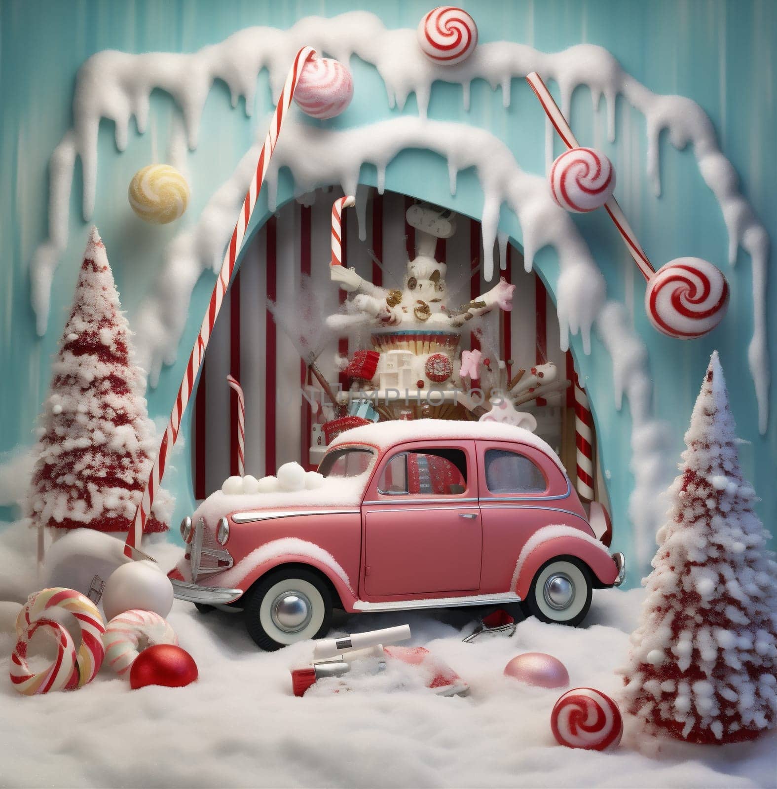winter snow merry car festive gift christmas holiday retro candy. Generative AI. by Vichizh