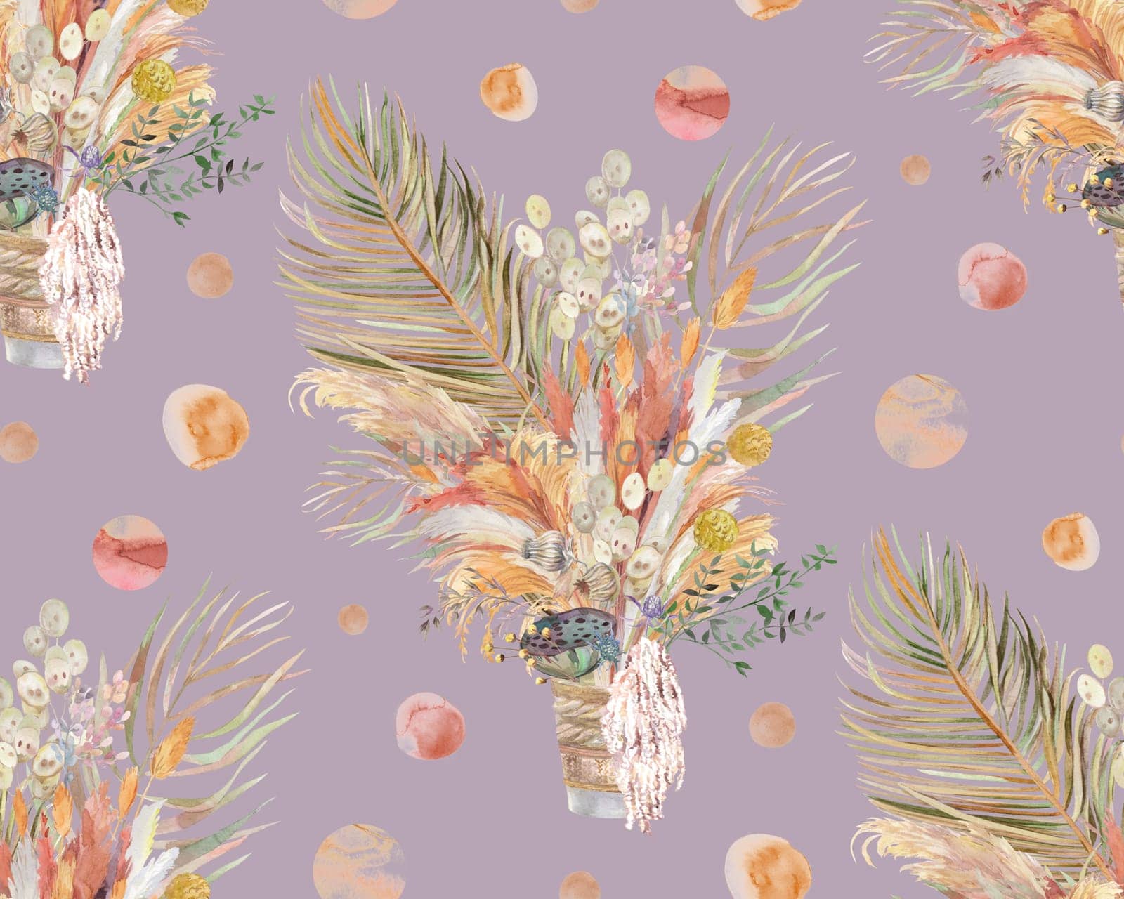 Seamless watercolor botanical pattern with tropical bouquet and palm leaves for textile