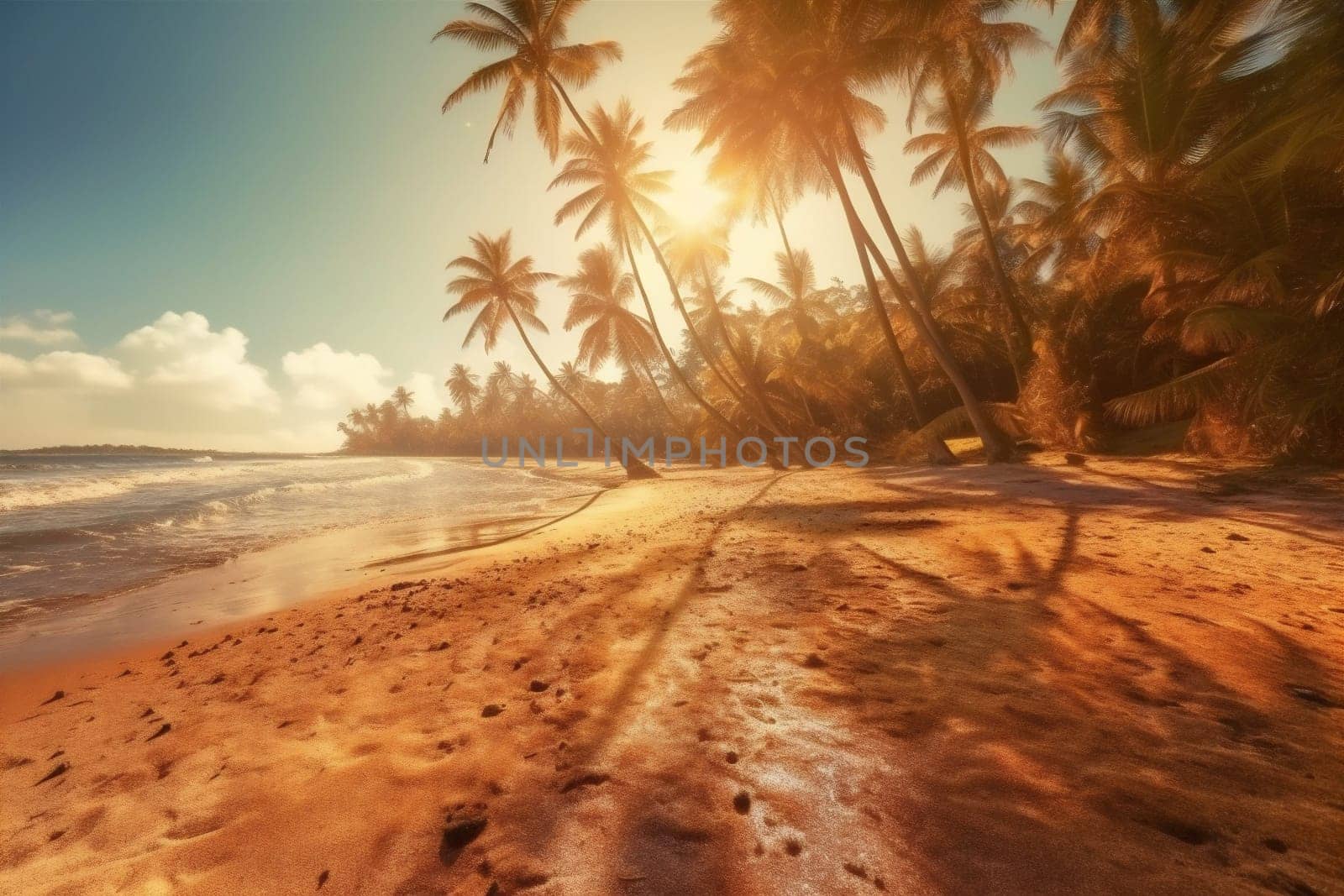 ocean sea beach beautiful island sun landscape evening orange surf sunrise dusk tropic sunset holiday coconut cloud sky palm sand. Generative AI.