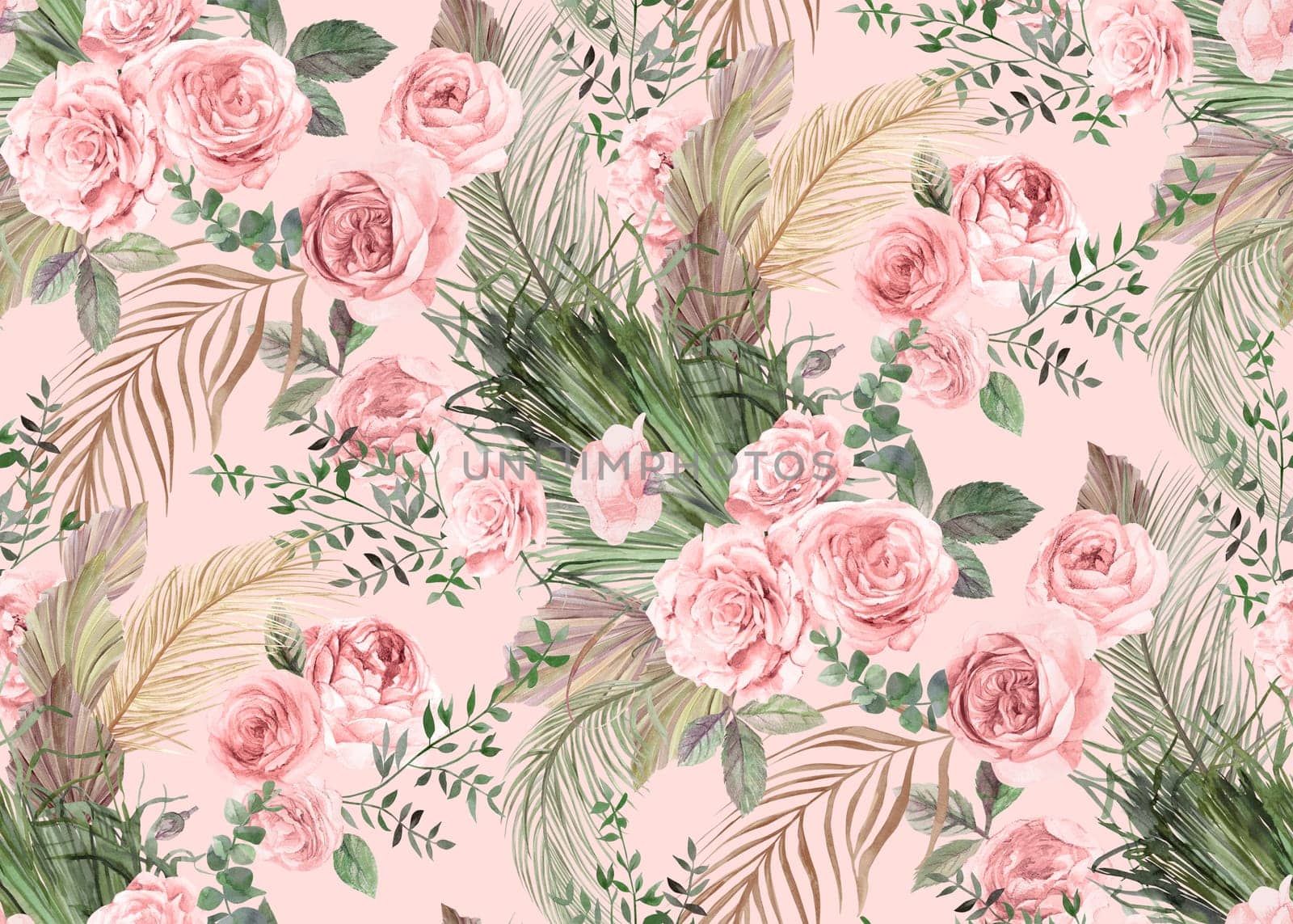 Seamless watercolor pattern with flowers of delicate roses and dry branches and leaves of palm trees by MarinaVoyush