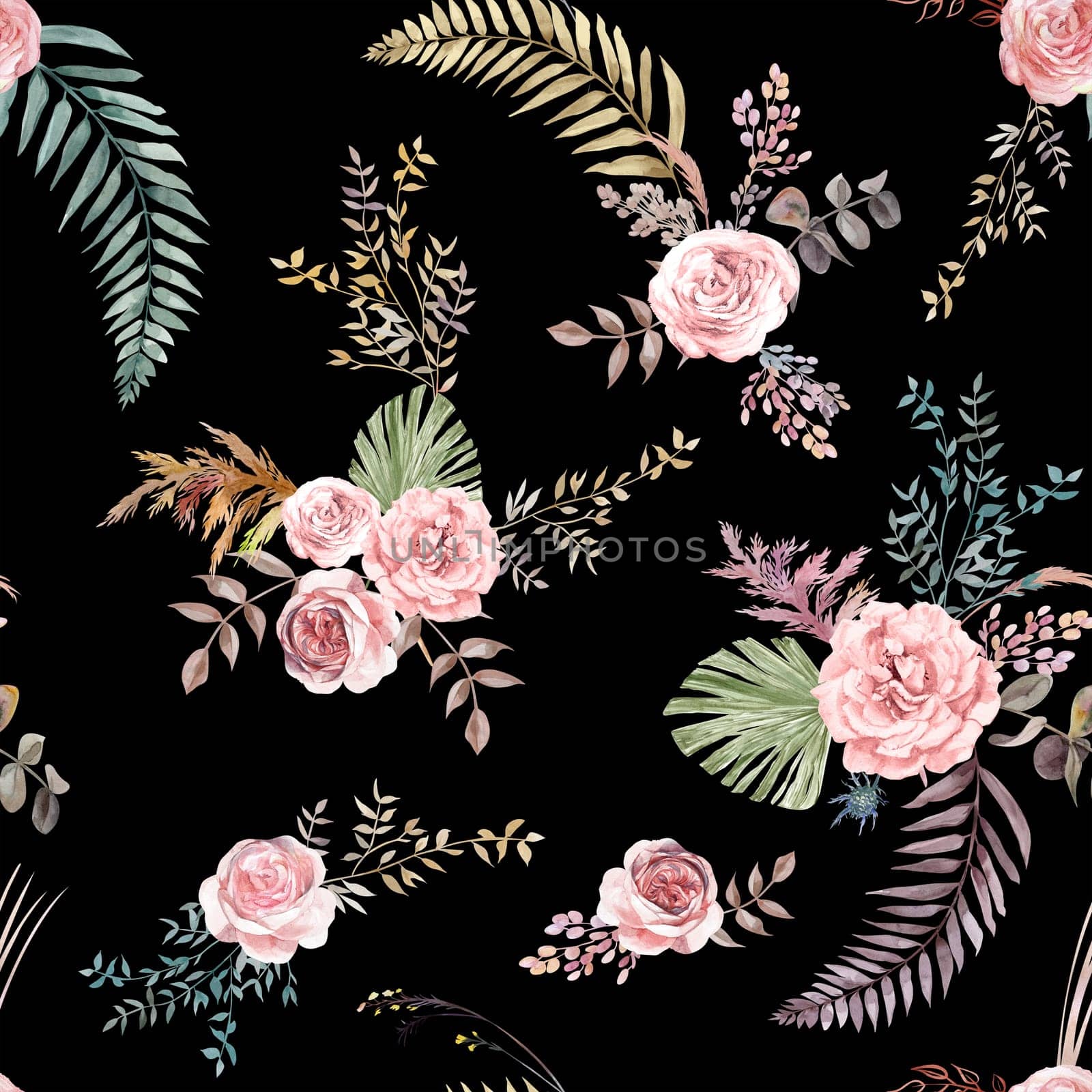 Watercolor vintage seamless pattern with flowers of white roses and tropical palm leaves for summer textiles