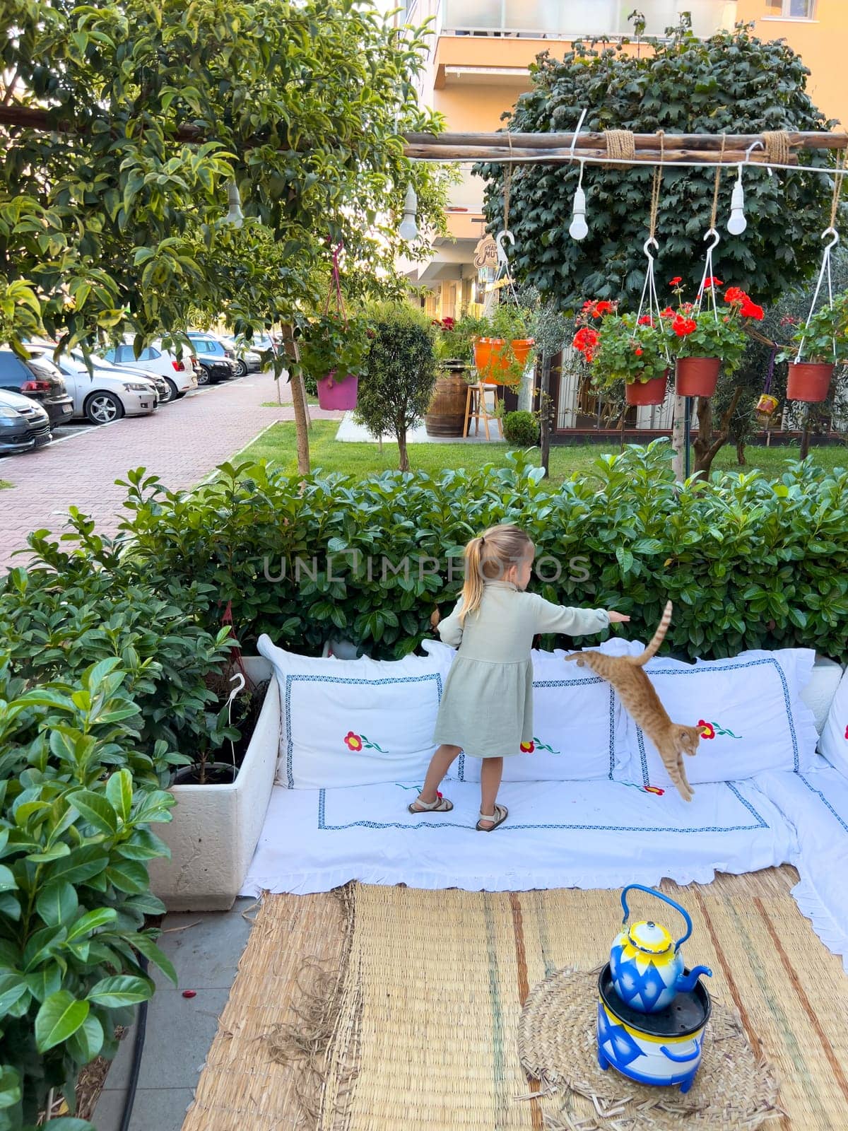Little girl trying to pet a ginger cat jumping on a mat in the garden by Nadtochiy