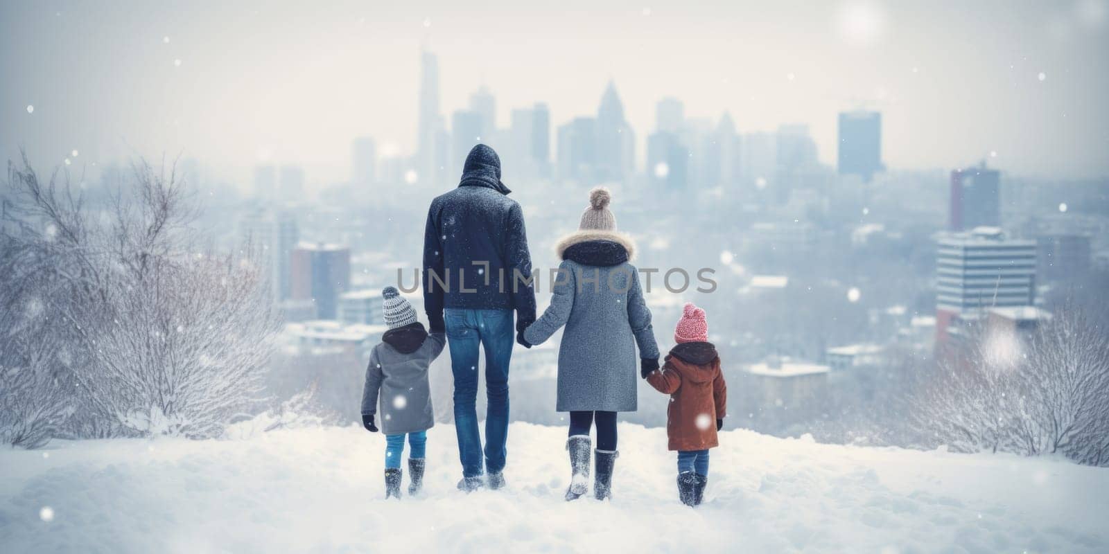 Happy family Father, mother and children are having fun and playing on snowy winter walk in nature. comeliness