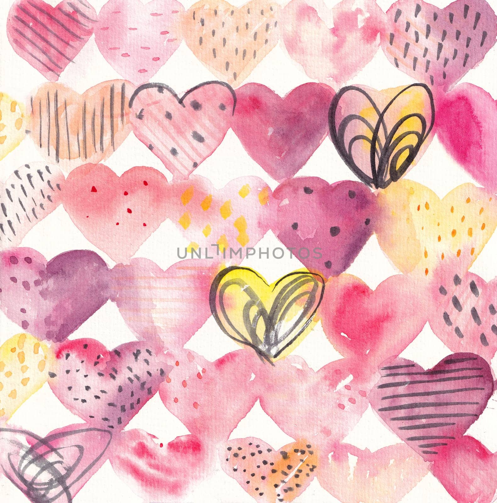Watercolor hearts background. Pink watercolor heart pattern. Colorful watercolor romantic texture. Watercolor hand drawn illustration