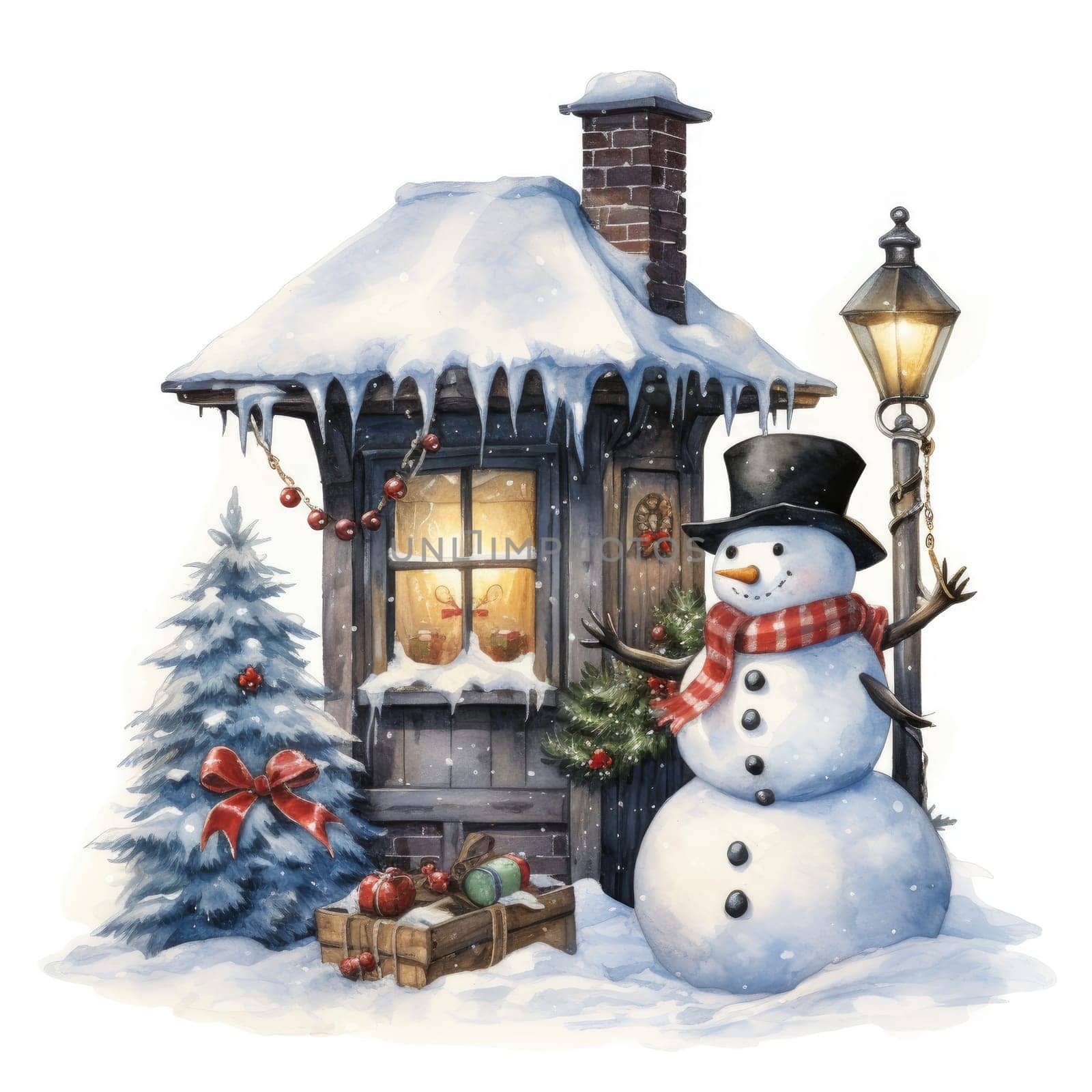 Christmas illustration. New Year vintage watercolour card with snowman on the snowy outdoors. 