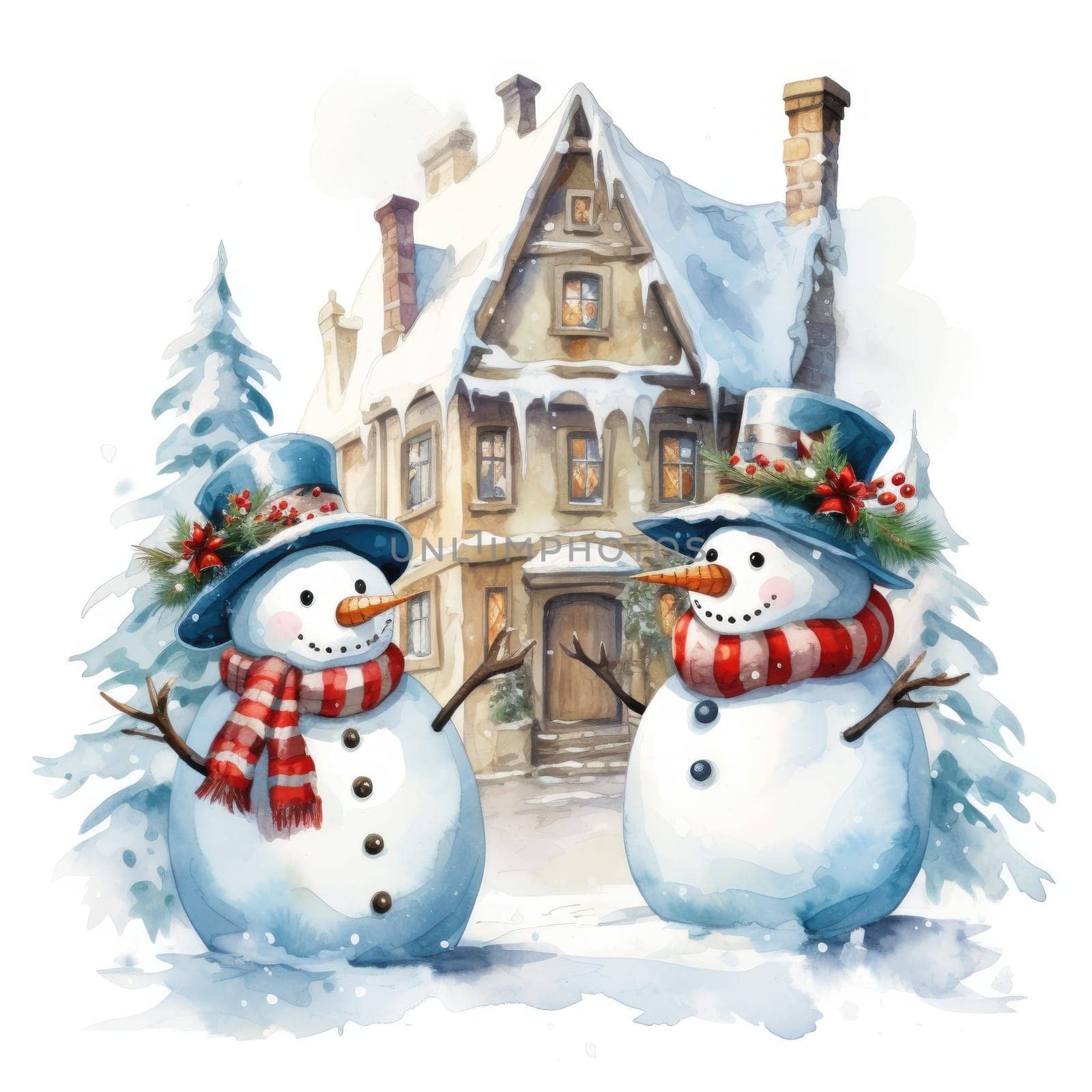 Christmas illustration. New Year vintage watercolour card with snowman on the snowy outdoors. 