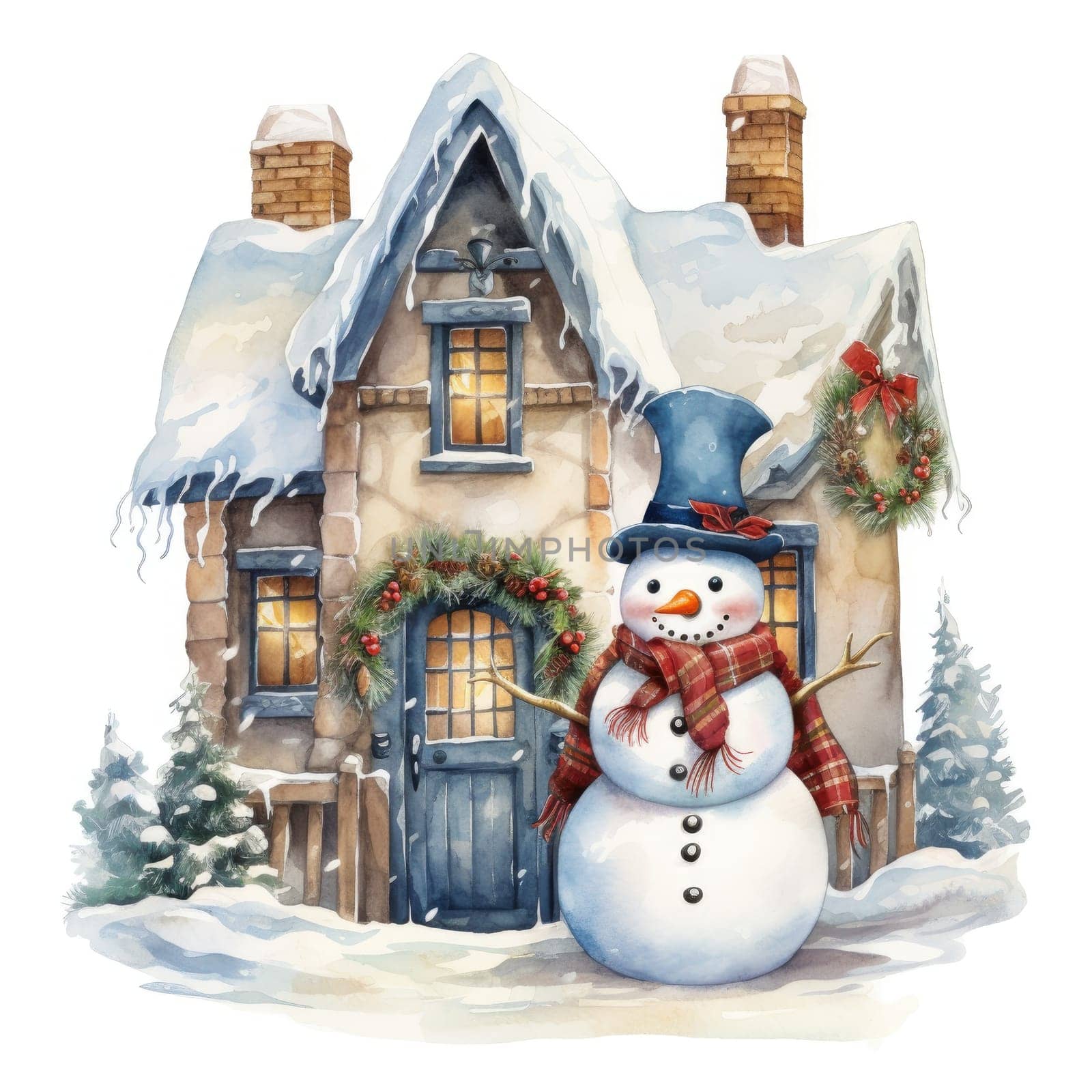 Christmas illustration. New Year vintage watercolour card with snowman on the snowy outdoors. 