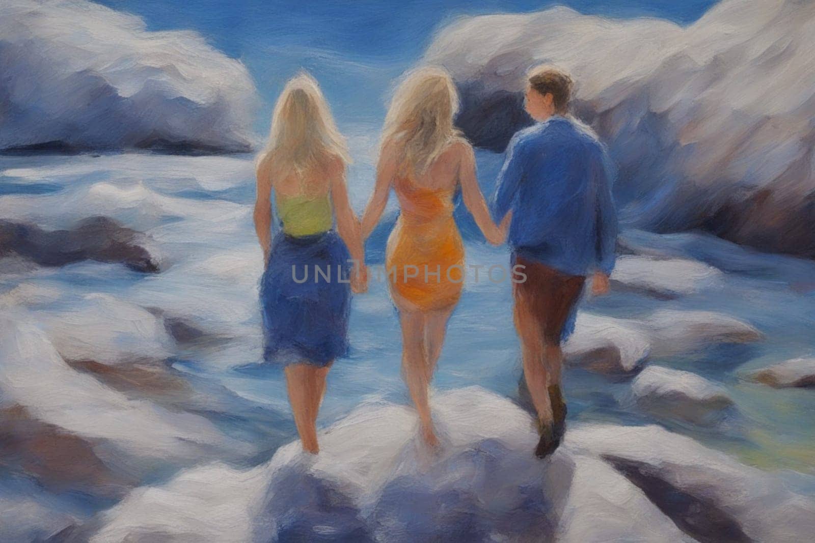 three different person walking by hand in the beach, romantic open mixed race and gender love relationship illustration concept generative ai art