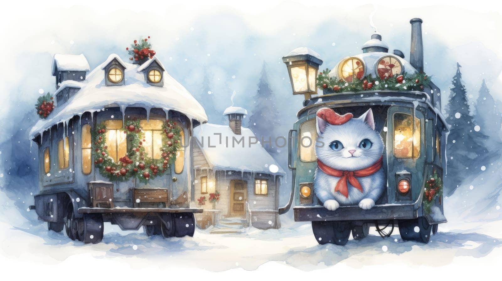 New Year card in vintage retro style with a cat as a snowman, gifts and festive spirit