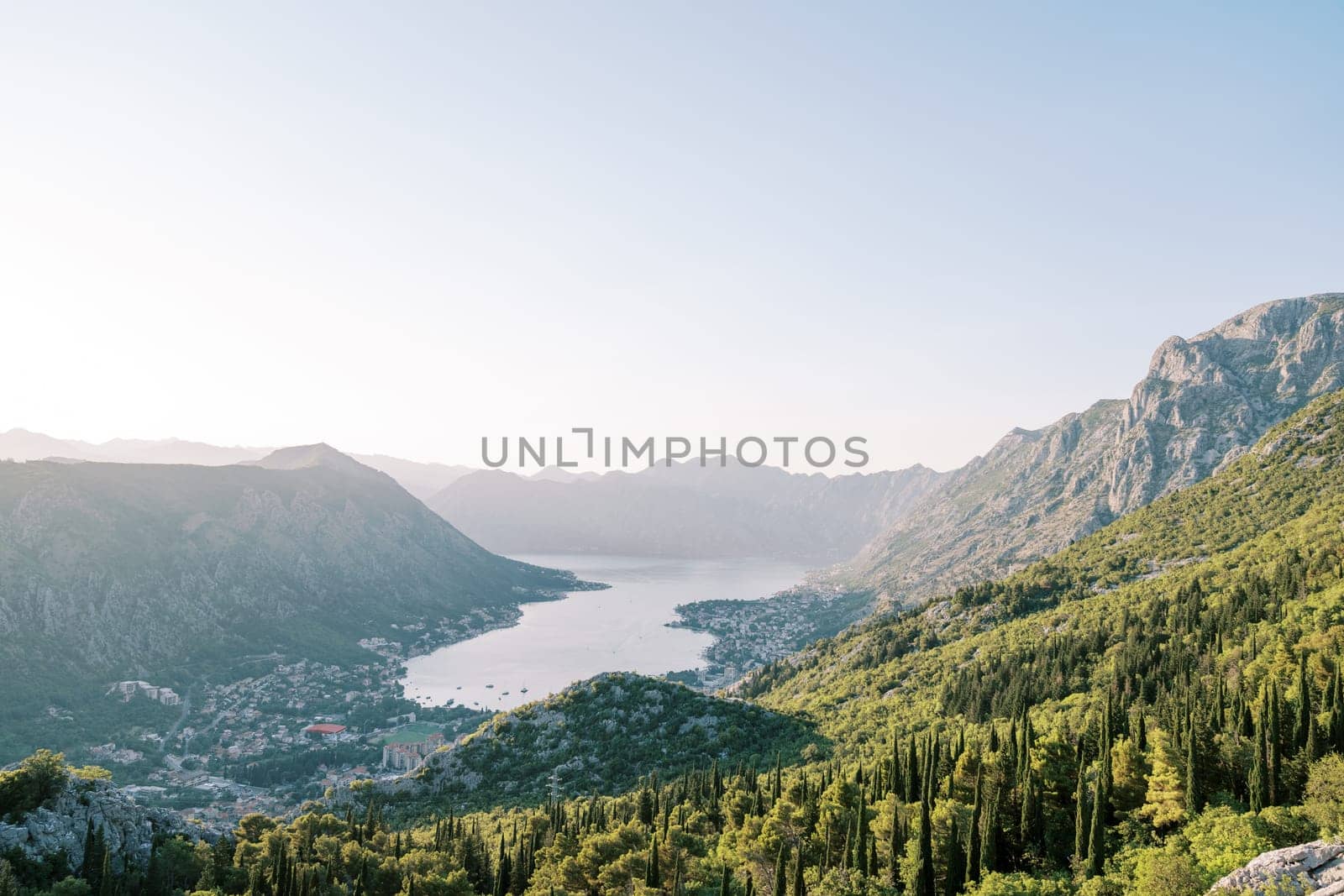 View from a rocky mountain to the valley of the Bay of Kotor. Montenegro by Nadtochiy