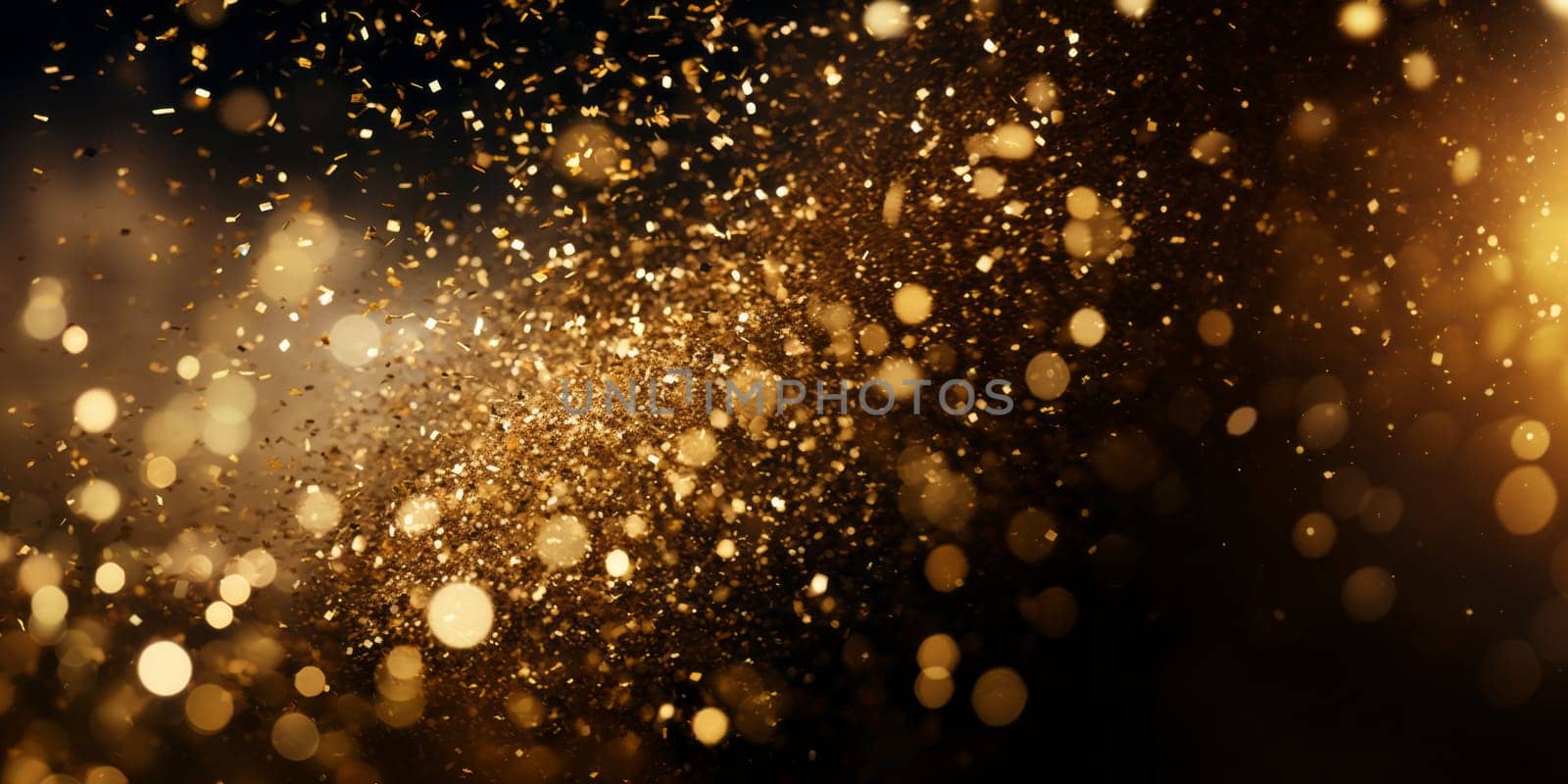 Golden flying glitter particles on black background in 5k