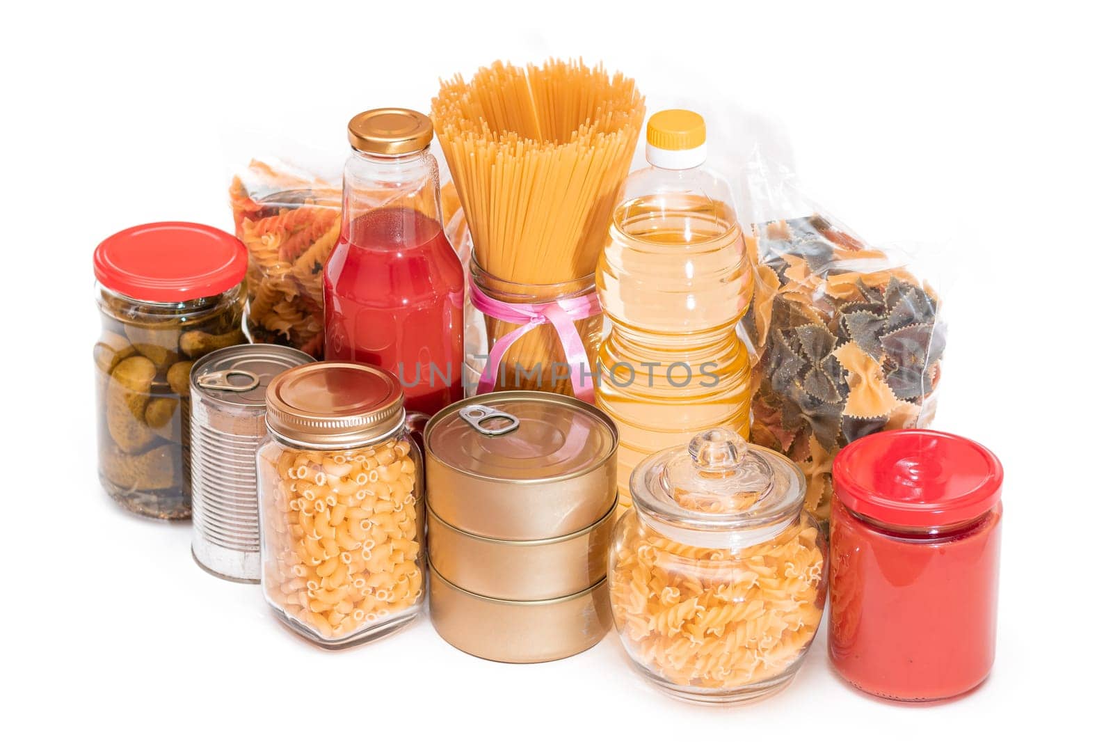 Canned Food, Spaghetti, Tomato Juice, Pasta and Grocery - Isolated on White Background by InfinitumProdux