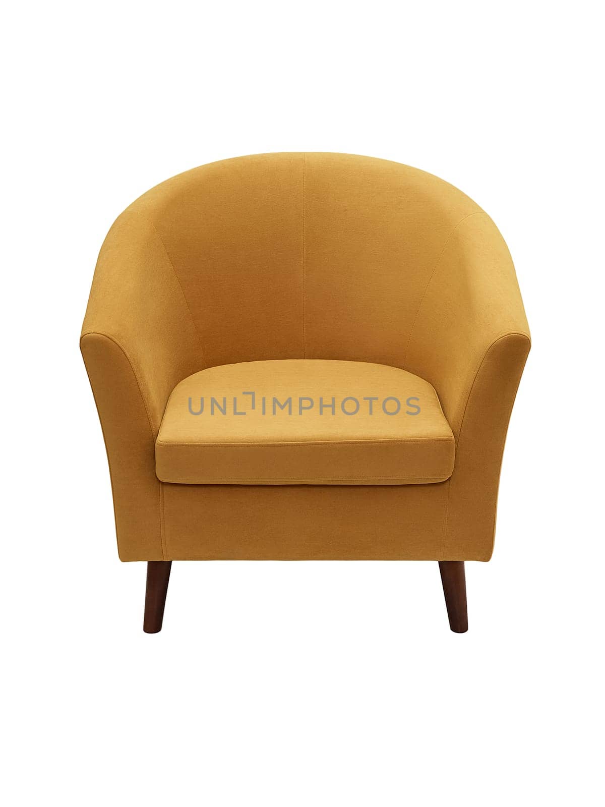 modern orange fabric armchair with wooden legs isolated on white background, front view.