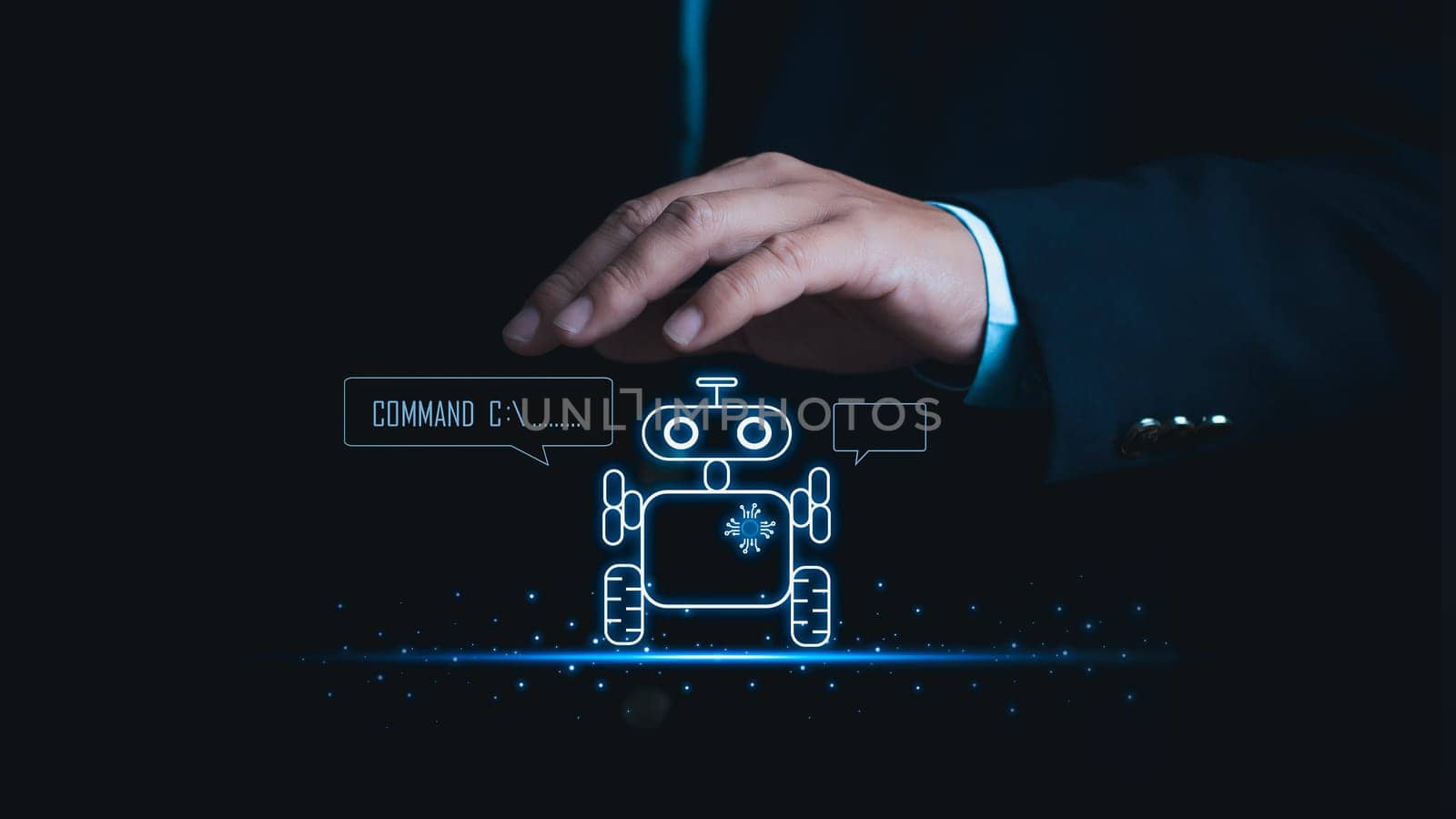 Businessman shows virtual robot It represents typing chat messages asking and answering artificial intelligence systems, chatbots, chat with AI. by Unimages2527