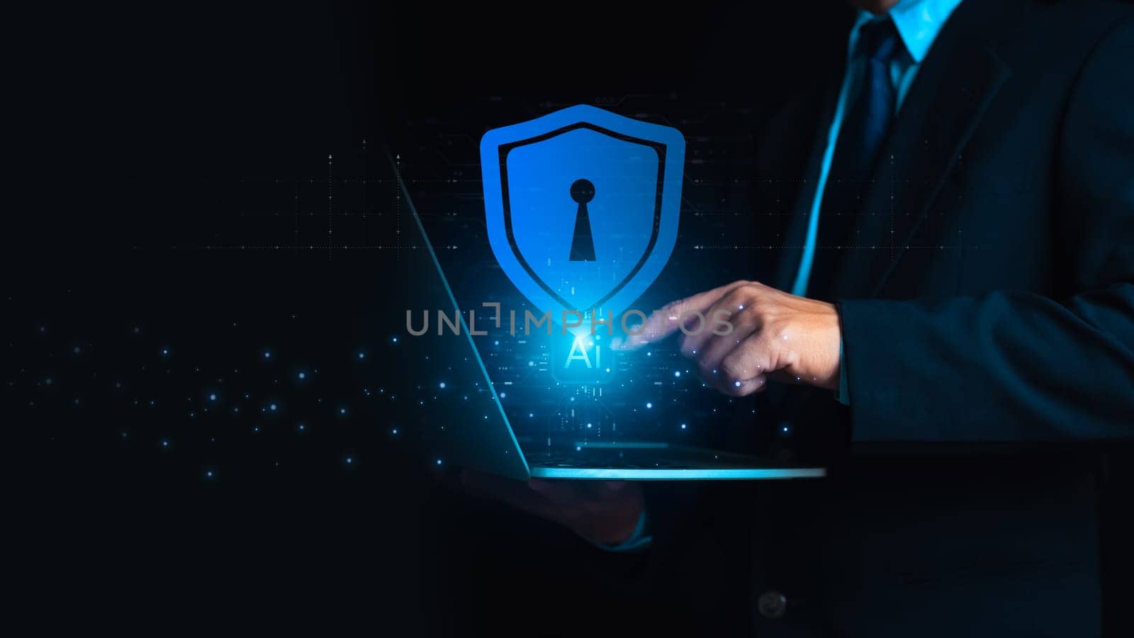 Businessman shows icon on using artificial intelligence (Ai) technology with virtual screen showing dangerous software access or online hacker threat, cyber security concept.