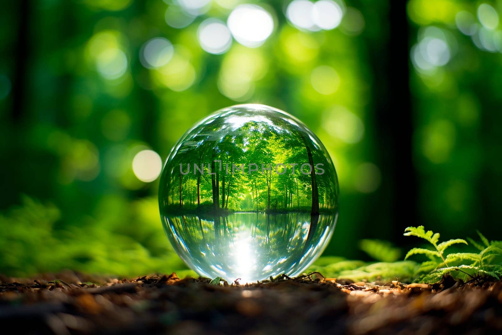 Glass ball on a green sunny background Save the environment ecology concept by paca-waca