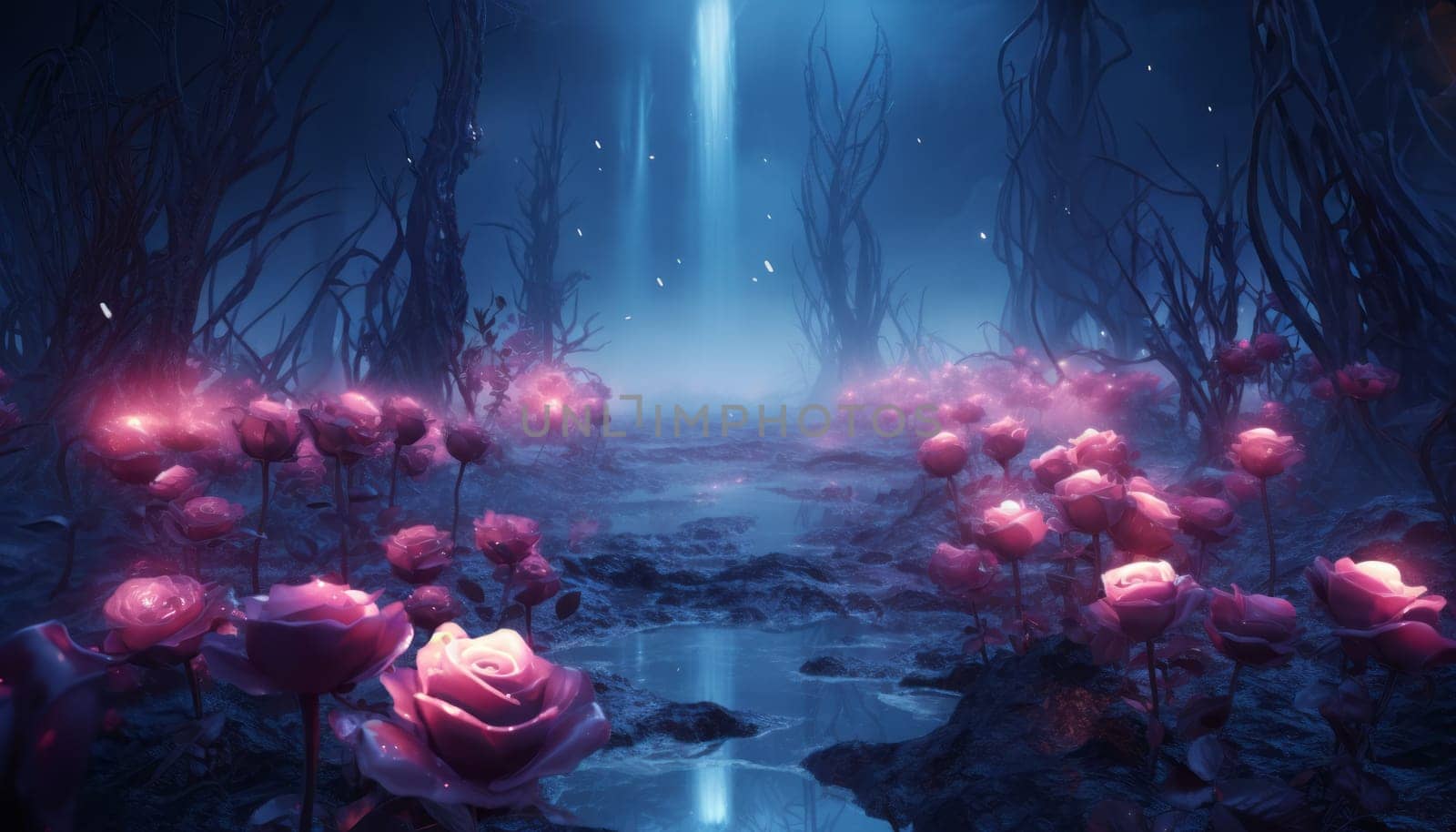 beautiful pink forest filled with glowing roses in 4k