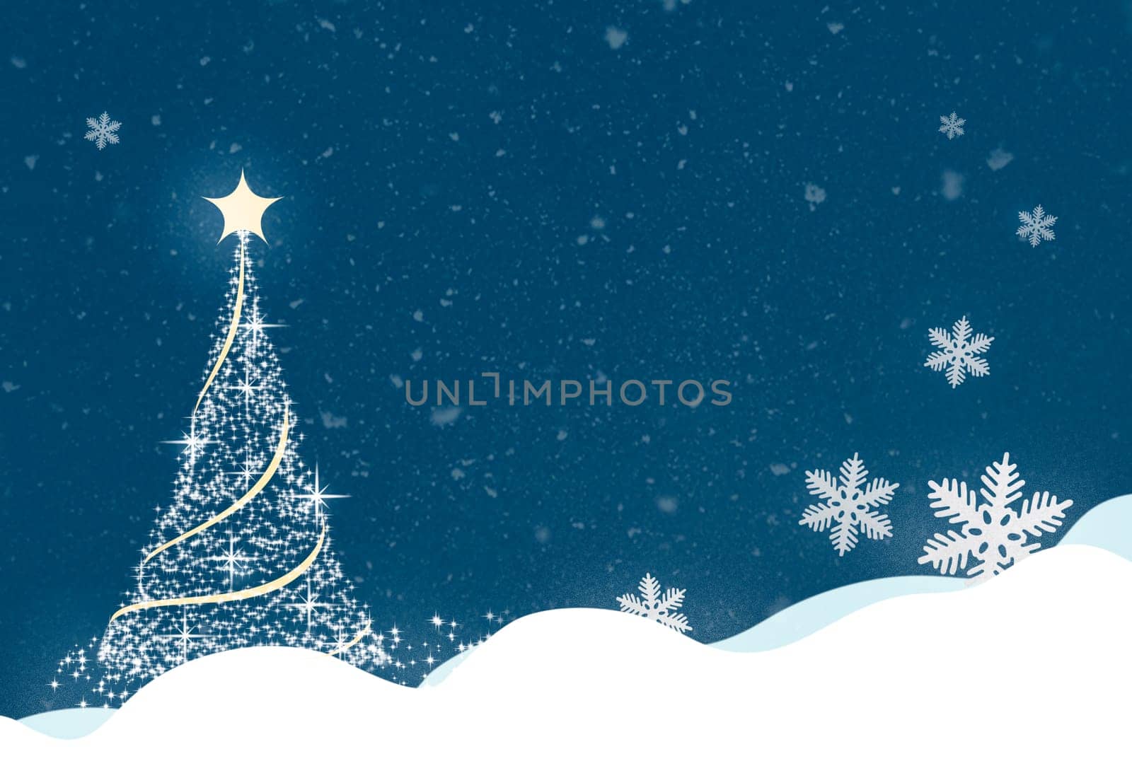 .Blue Christmas background with snowflakes and Christmas tree.