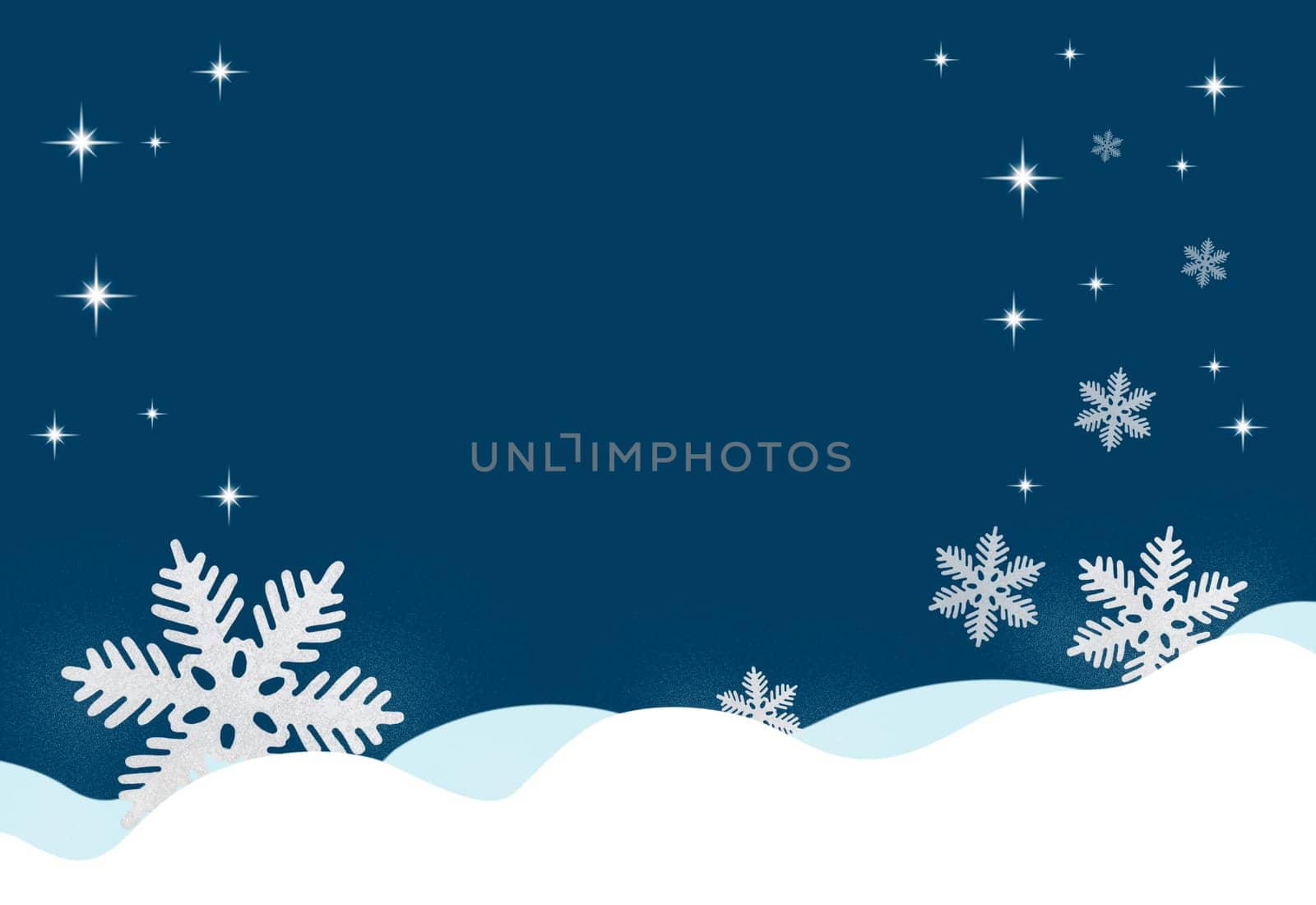 Blue Christmas background with snowflakes and stars. Copy space