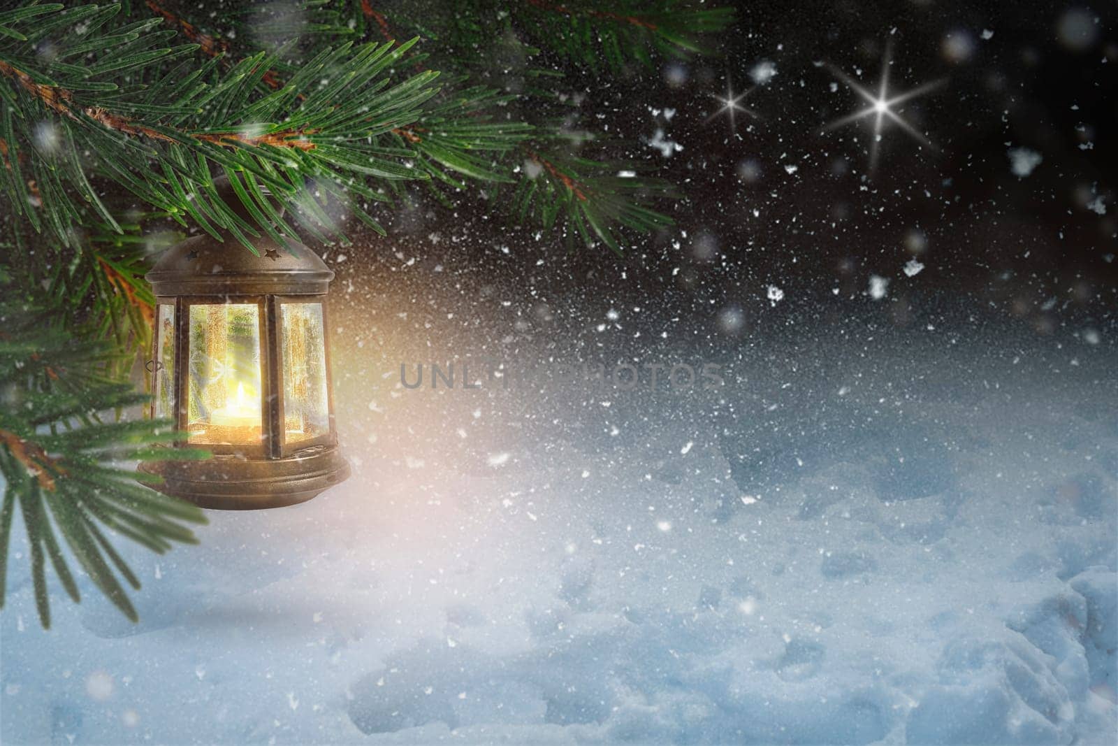 Christmas Lantern hangs on spruce branches at winter night. Copy space. Christmas card