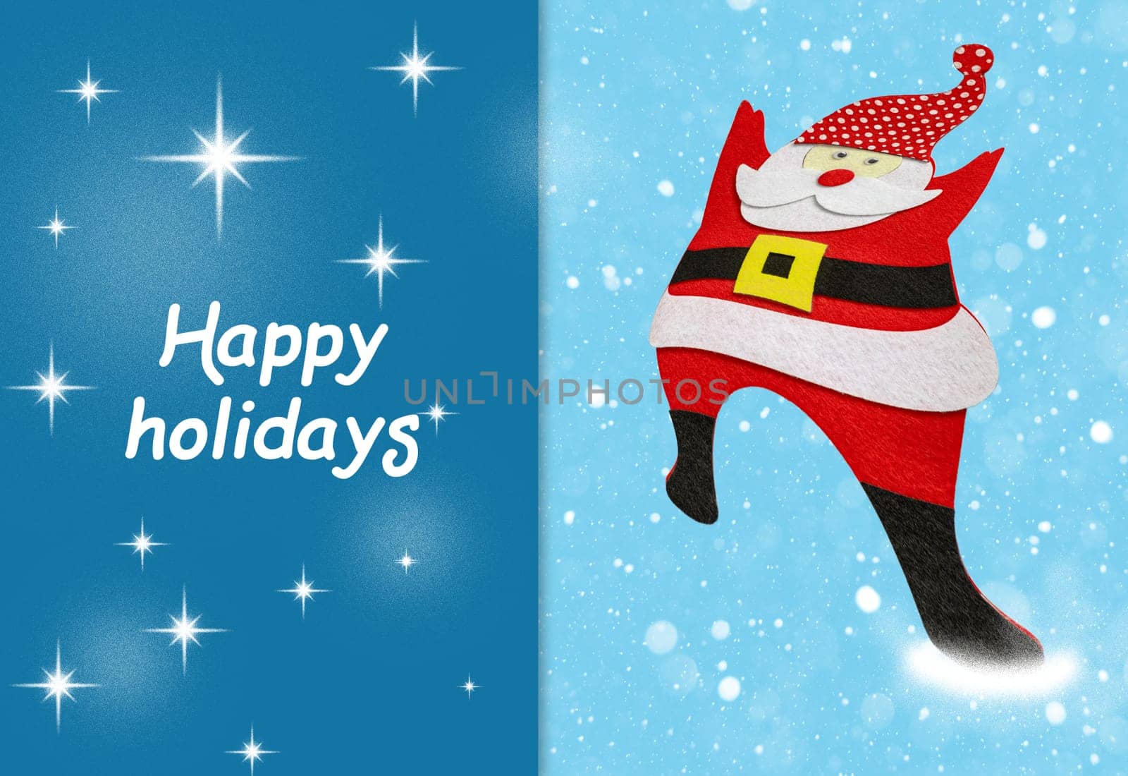 Fanny Santa Claus is coming on blue background, Happy holidays. Christmas card.