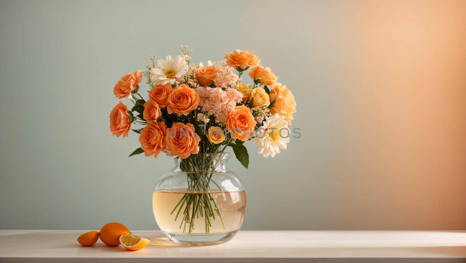 blank wall template with vase and flowers on a light white, orange pastel background,