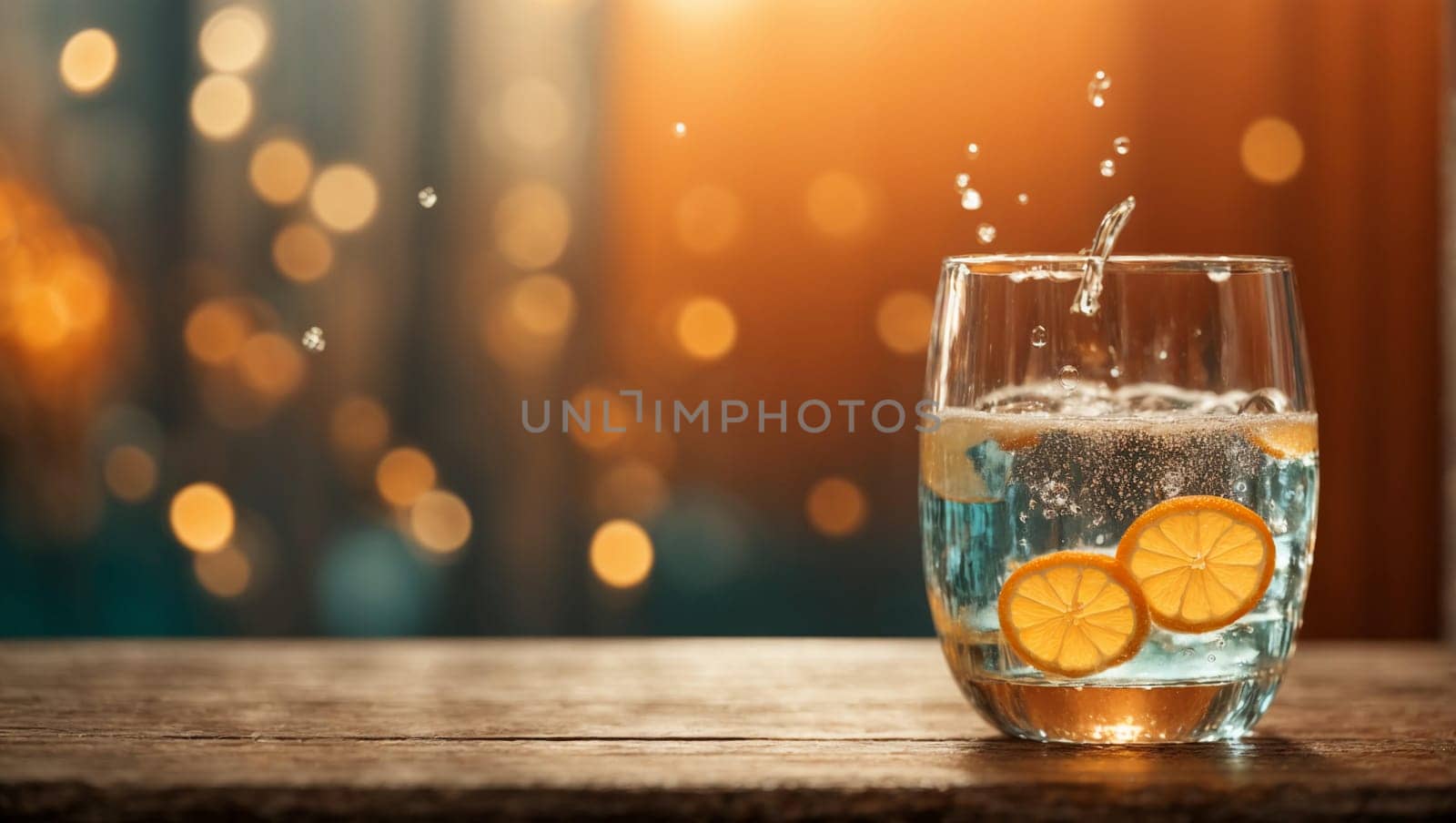 A beautiful transparent glass filled with a stream of fresh mineral water with ice, exploding with playful bubbles, sparkling on a wooden table.