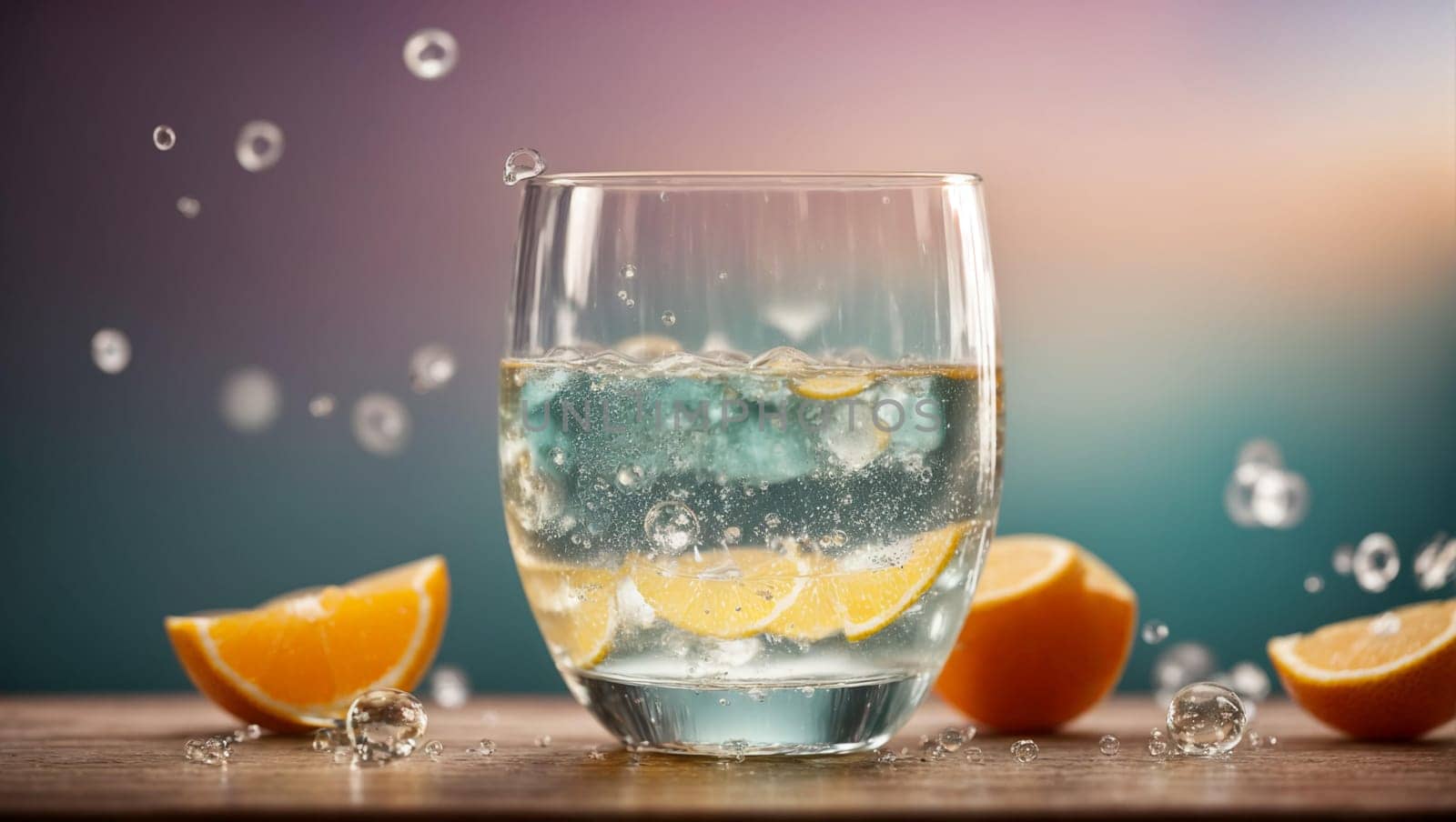 A beautiful transparent glass filled with a stream of fresh mineral water with ice, exploding with playful bubbles, sparkling on a wooden table.