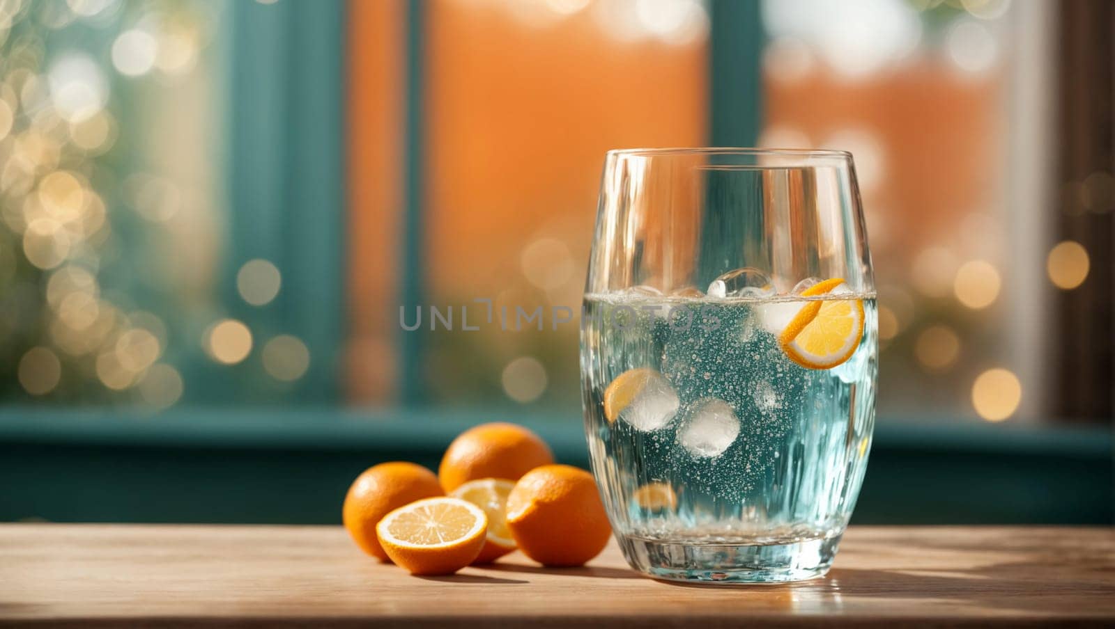 A beautiful transparent glass filled with a stream of fresh mineral water with ice, exploding with playful bubbles, sparkling on a wooden table.