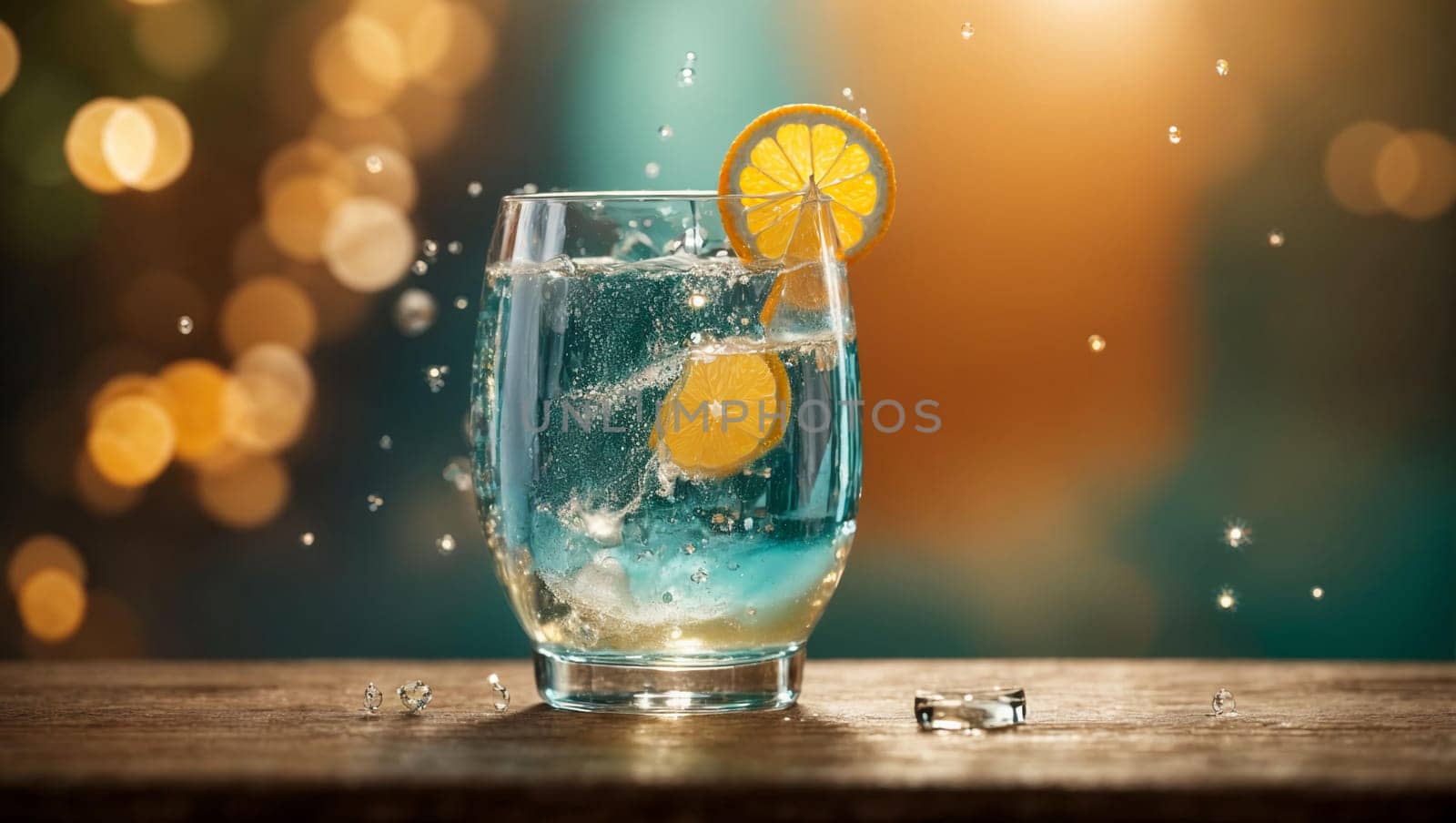 A beautiful transparent glass filled with a stream of fresh mineral water with ice, exploding with playful bubbles, sparkling on a wooden table.