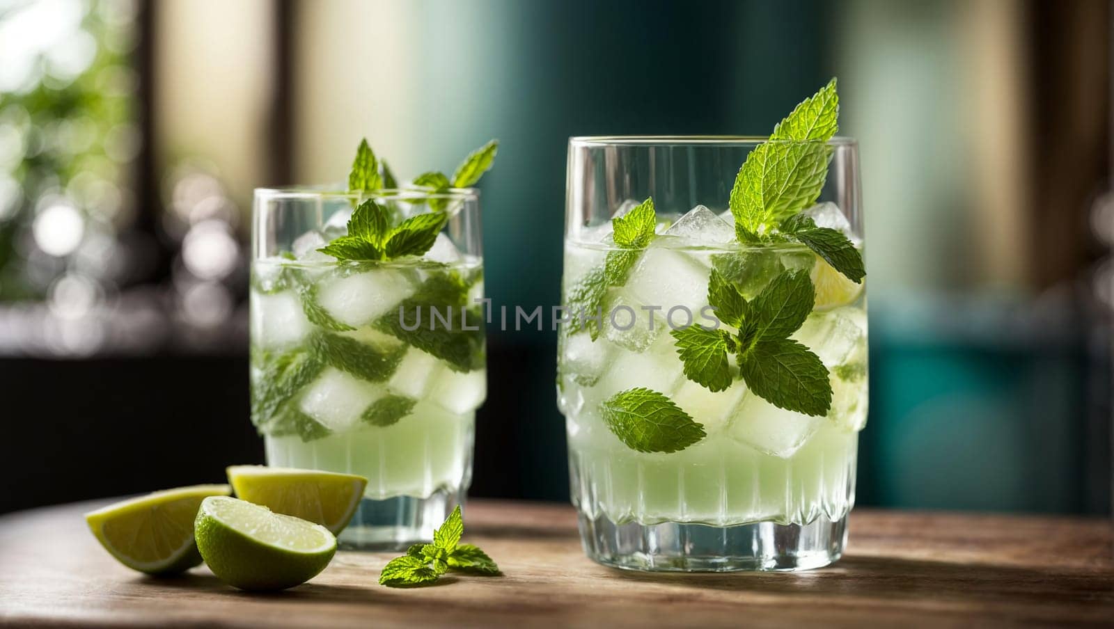 mojito in a beautiful transparent glass with fresh ice cubes. A refreshing cocktail combining a classic mojito and a bit of modern charm,