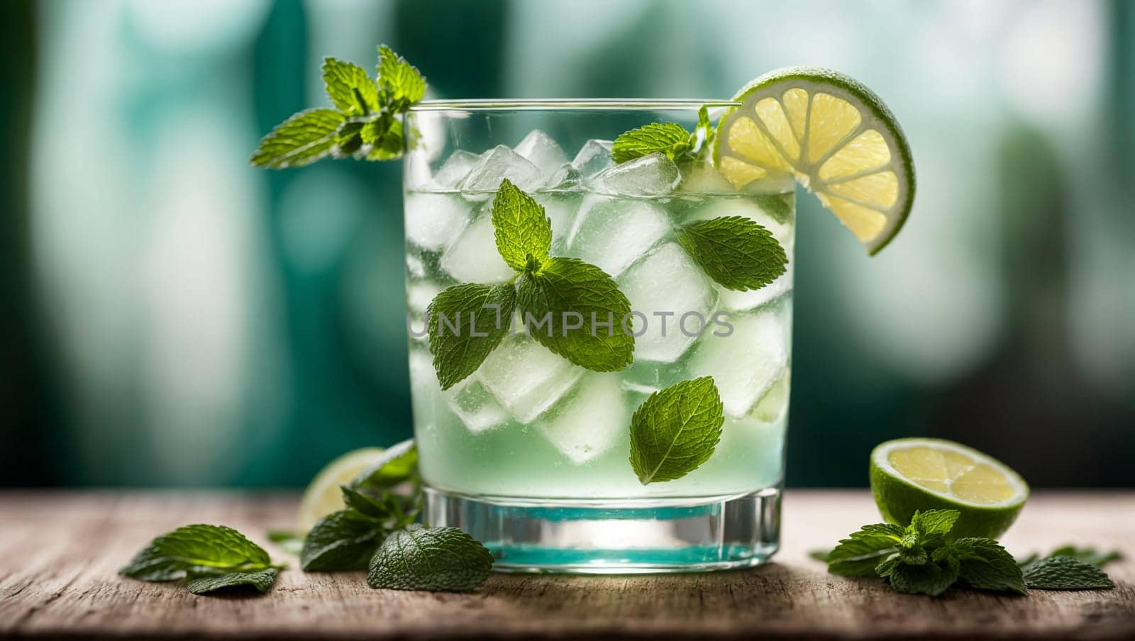 mojito in a beautiful transparent glass with fresh ice cubes. A refreshing cocktail combining a classic mojito and a bit of modern charm,