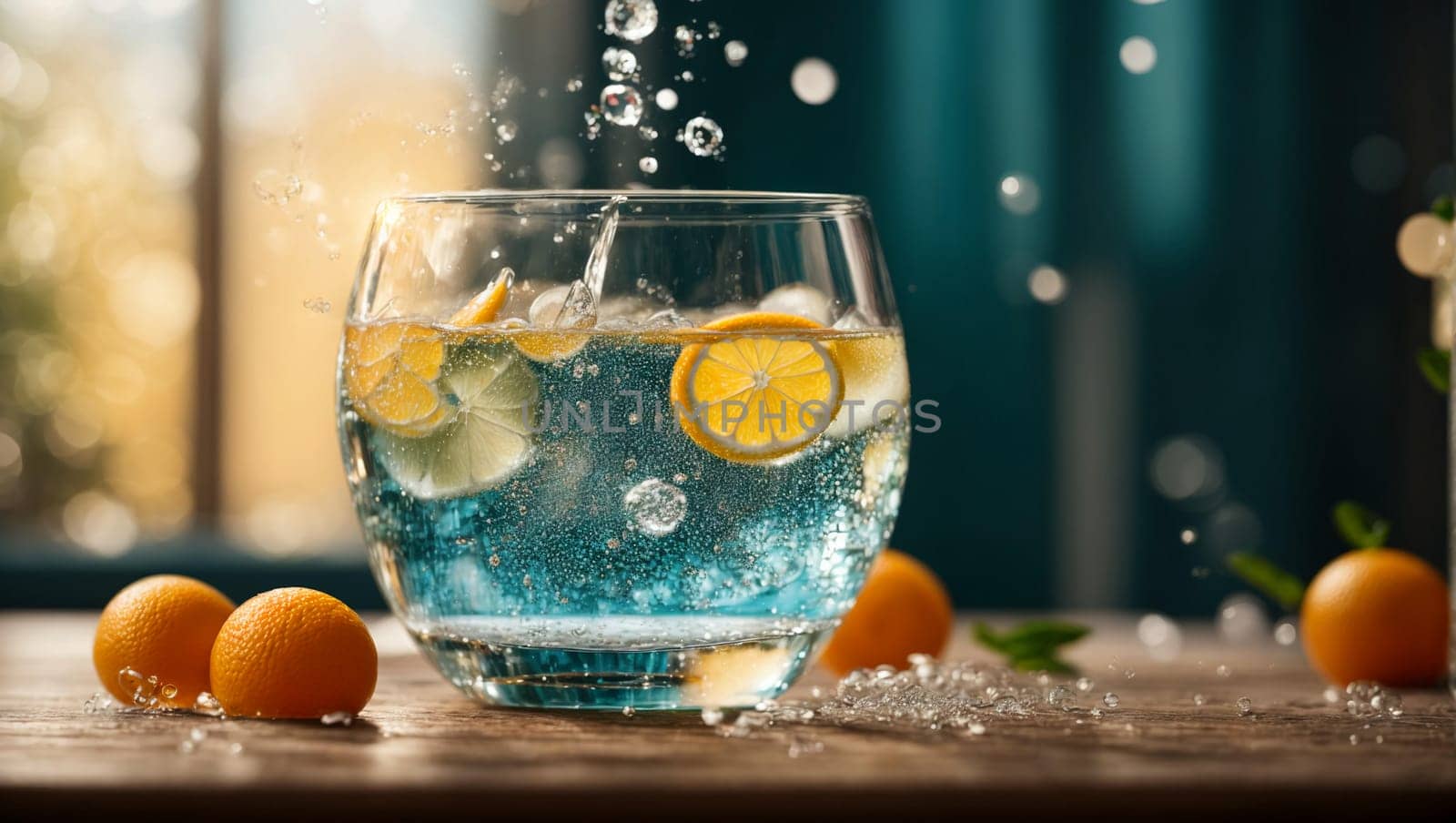 A beautiful transparent glass filled with a stream of fresh mineral water with ice, exploding with playful bubbles, sparkling on a wooden table.