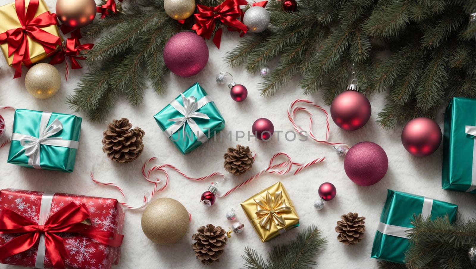 top view of a colorful Christmas and New Year composition with Christmas tree toys Gifts, garlands, fir branches, colorful decorations on a bright white, snow-covered background Christmas, winter, New Year concepts