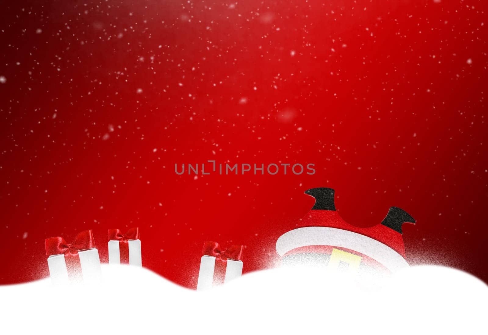 Cute Santa Claus falls into the snowdrift. Gift boxes in all directions. Christmas, New Year illustration. Collection of Santa in cartoon style. Red background and copy space.