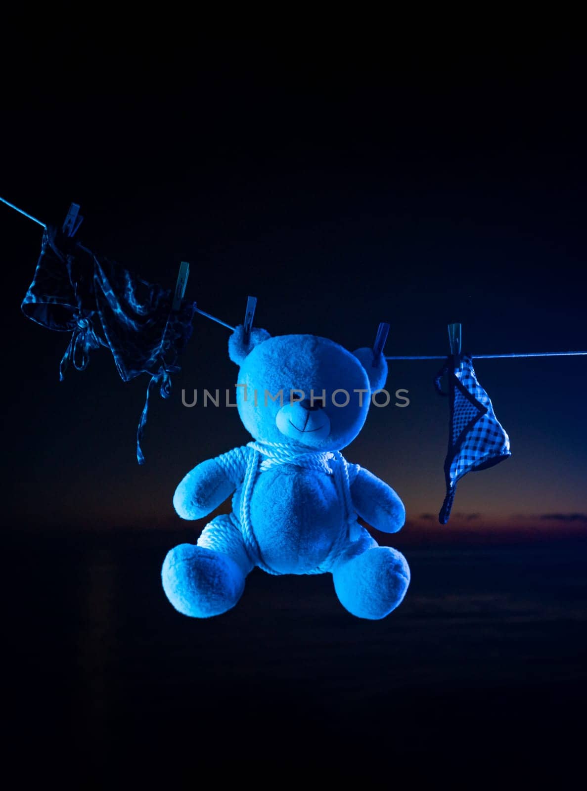 teddy bear toy hangs on a clothesline on clothespins in neon light. tied with shibari ropes