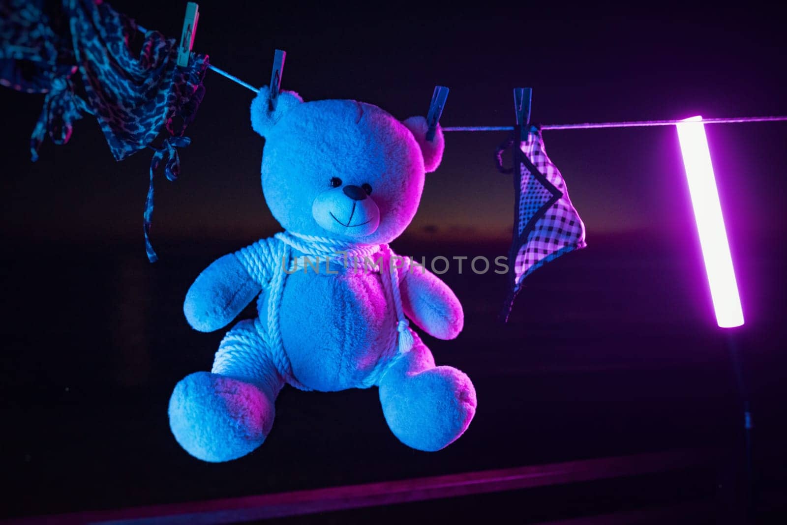 A teddy bear toy hangs on a clothesline on clothespins in neon light. tied with shibari ropes by Rotozey