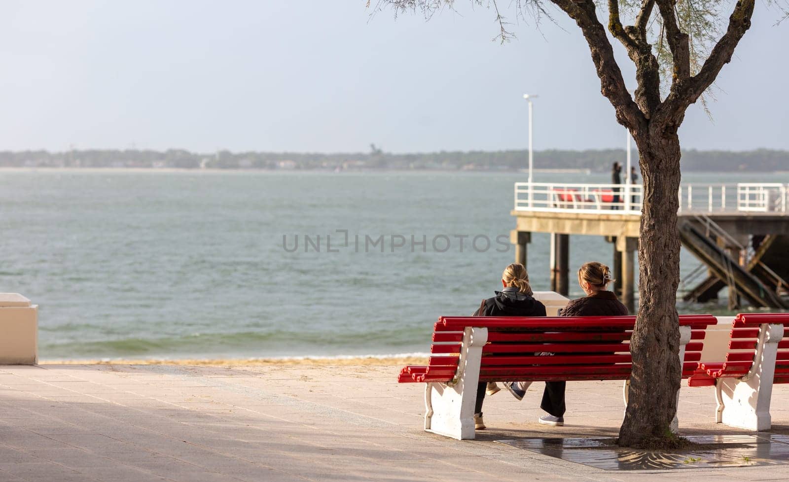 couple sitting on a bench looking at the sea by lhorintson