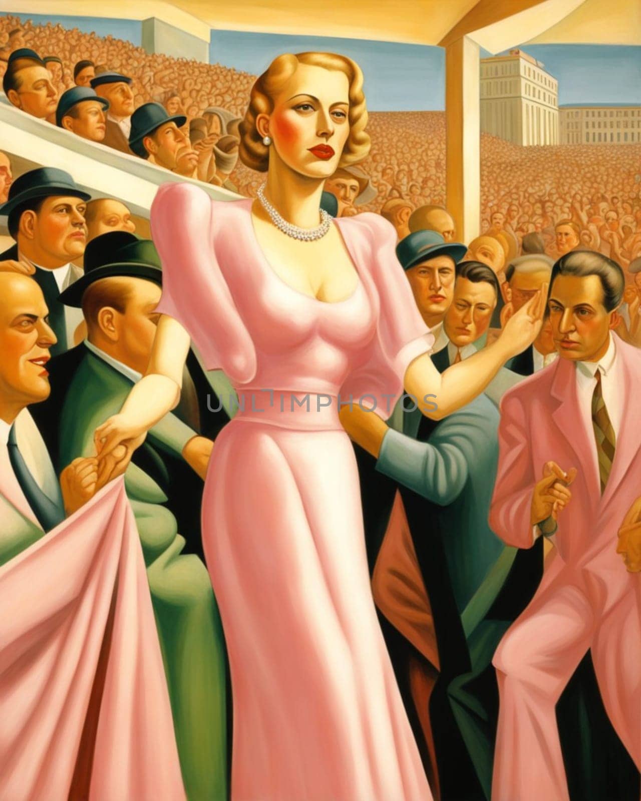 Figure of a woman like Evita Peron, short hairstyle, blond, thin, energetic, art deco style, speaking pitching poor people rights shouting crowd from pink house terrace, Buenos Aires, Argentina