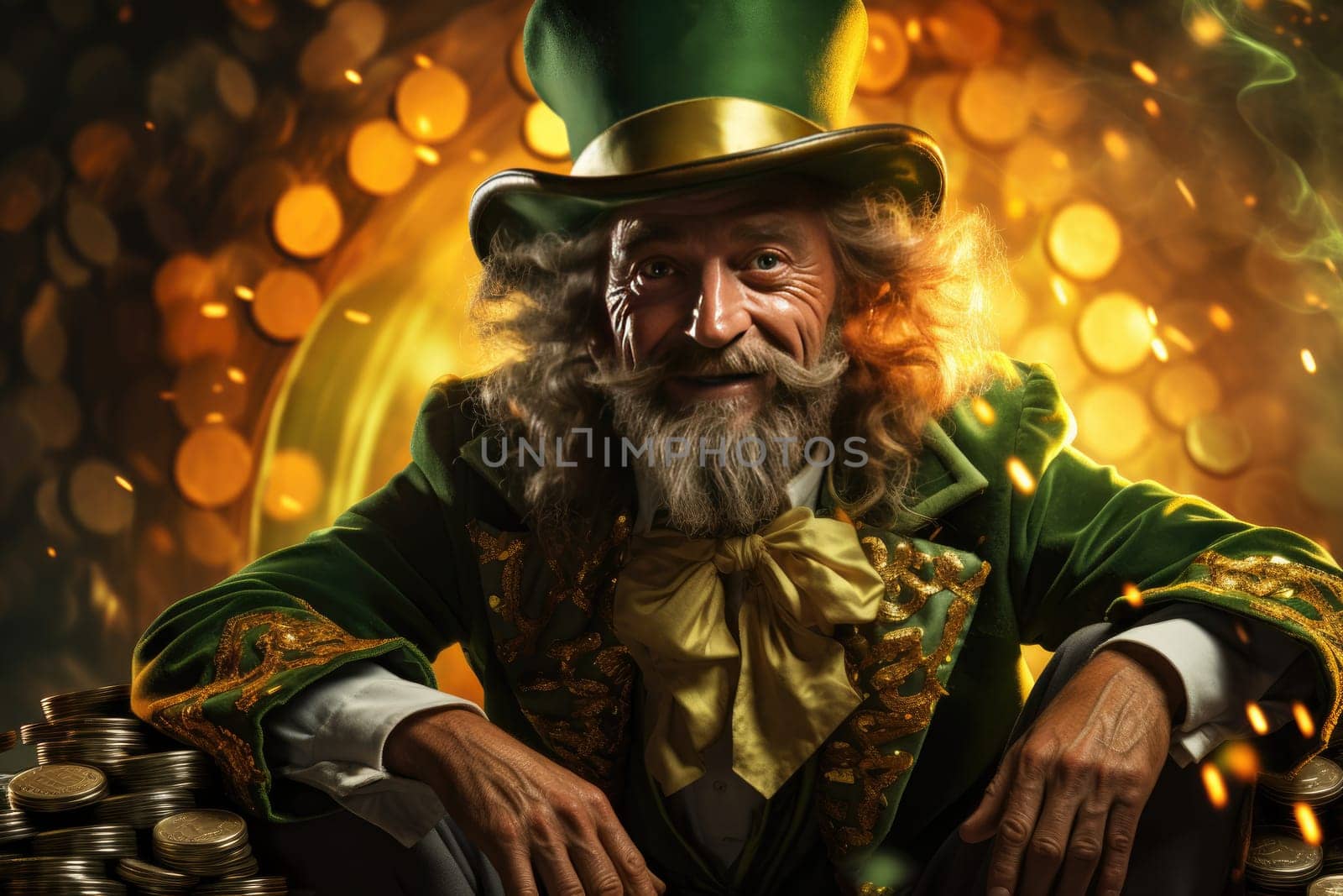 A leprechaun in a green suit and hat with gold coins is the personification of St. Patrick's Day, a celebration of joy and abundance.