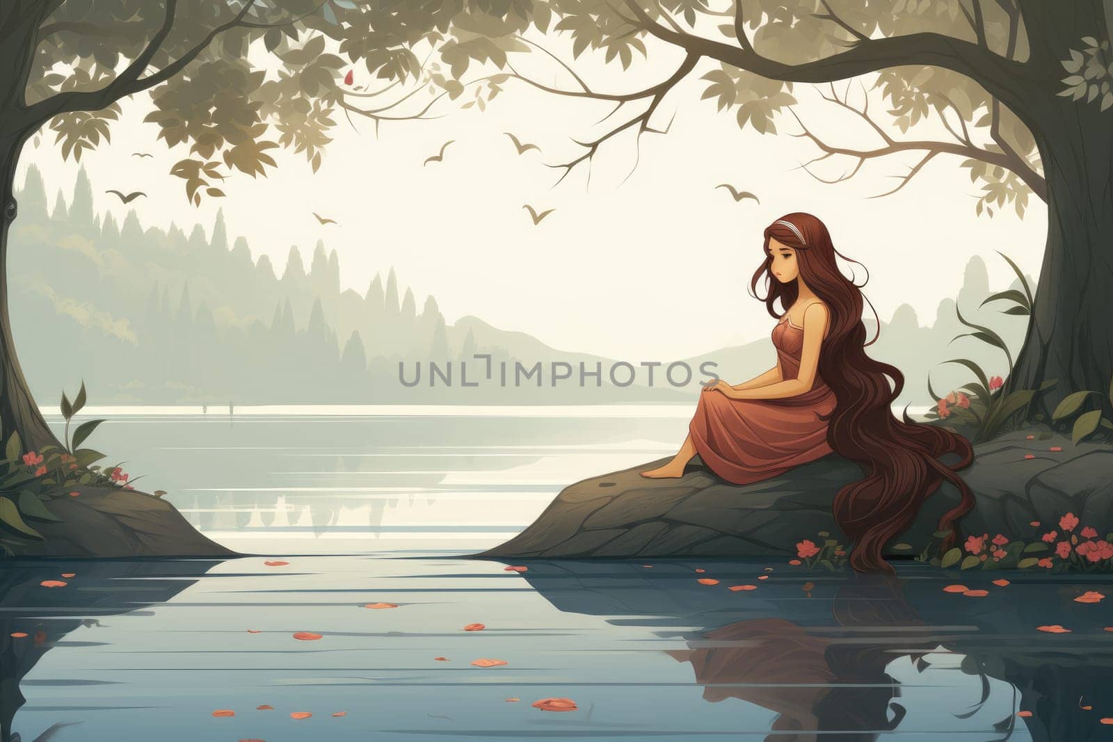 By the river, surrounded by greenery and flowers, a girl with beautiful long hair sits on a rock.