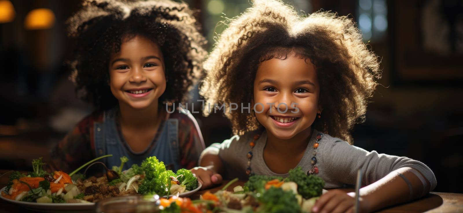 Healthy food and smiling children create a fun and joyful atmosphere at the dinner table