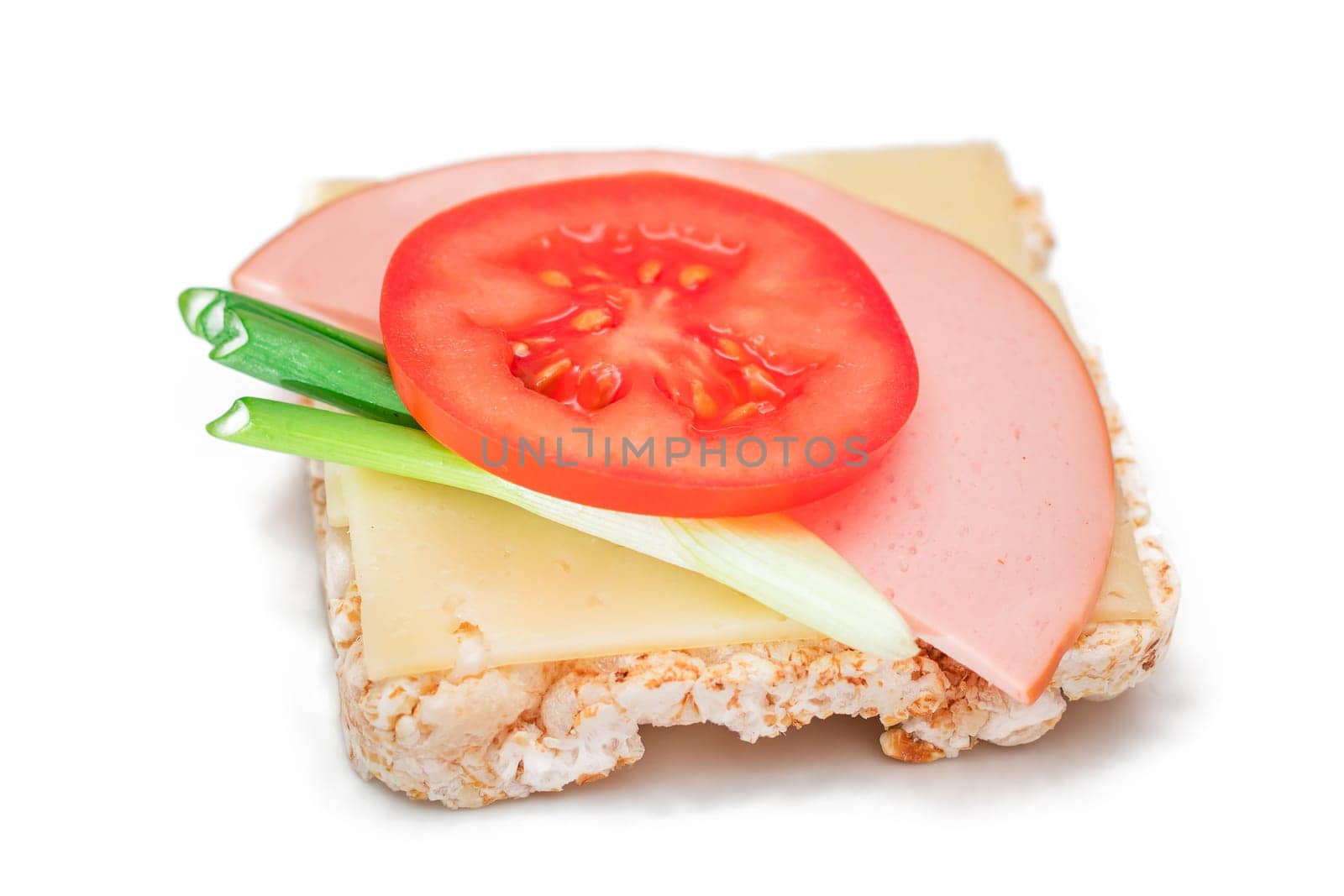 Rice Cake Sandwich with Tomato, Sausage, Green Onions and Cheese - Isolated by InfinitumProdux