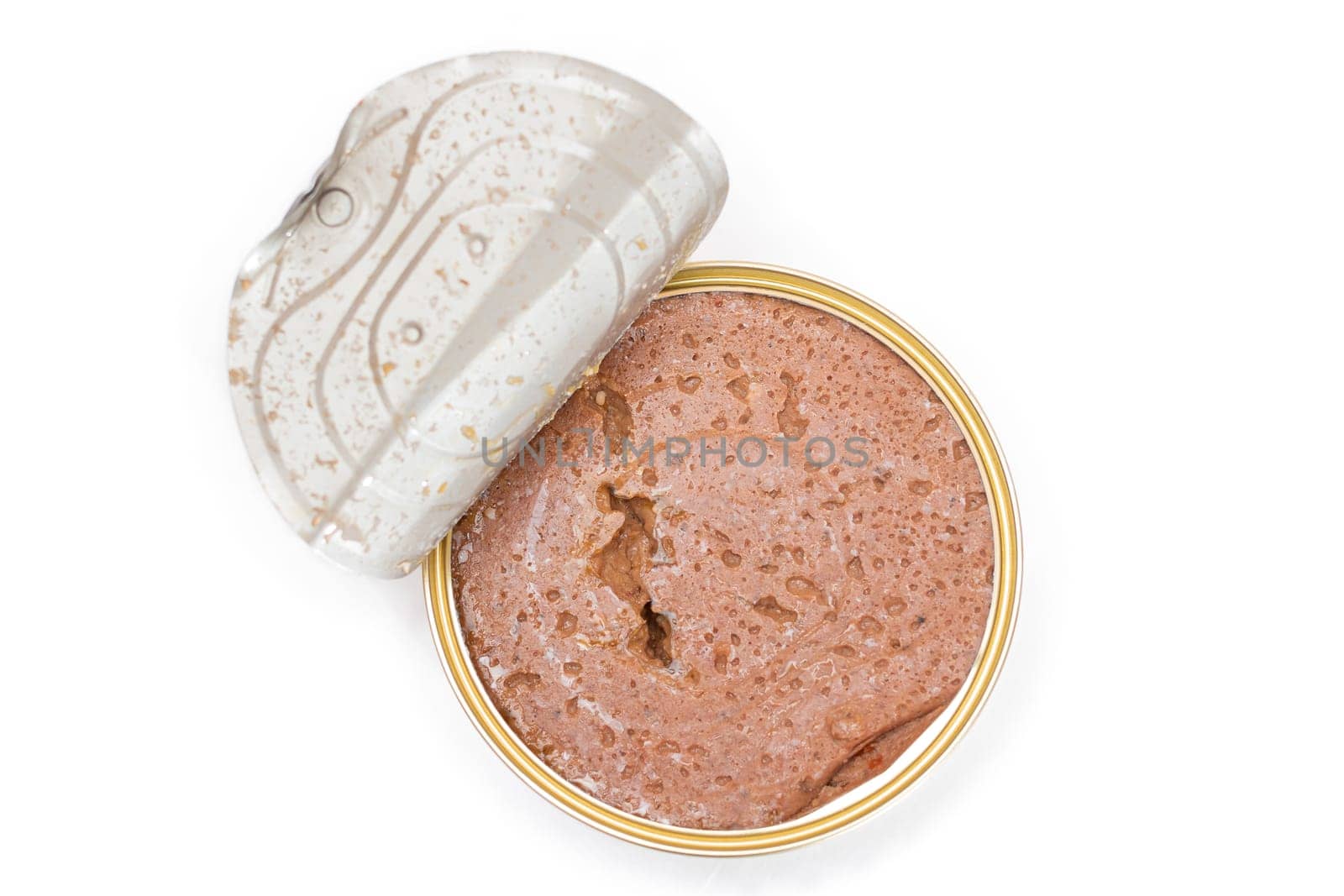 Opened Tin Can with Chicken Liver Pate Isolated on White Background. Open Canned Pate - Isolation