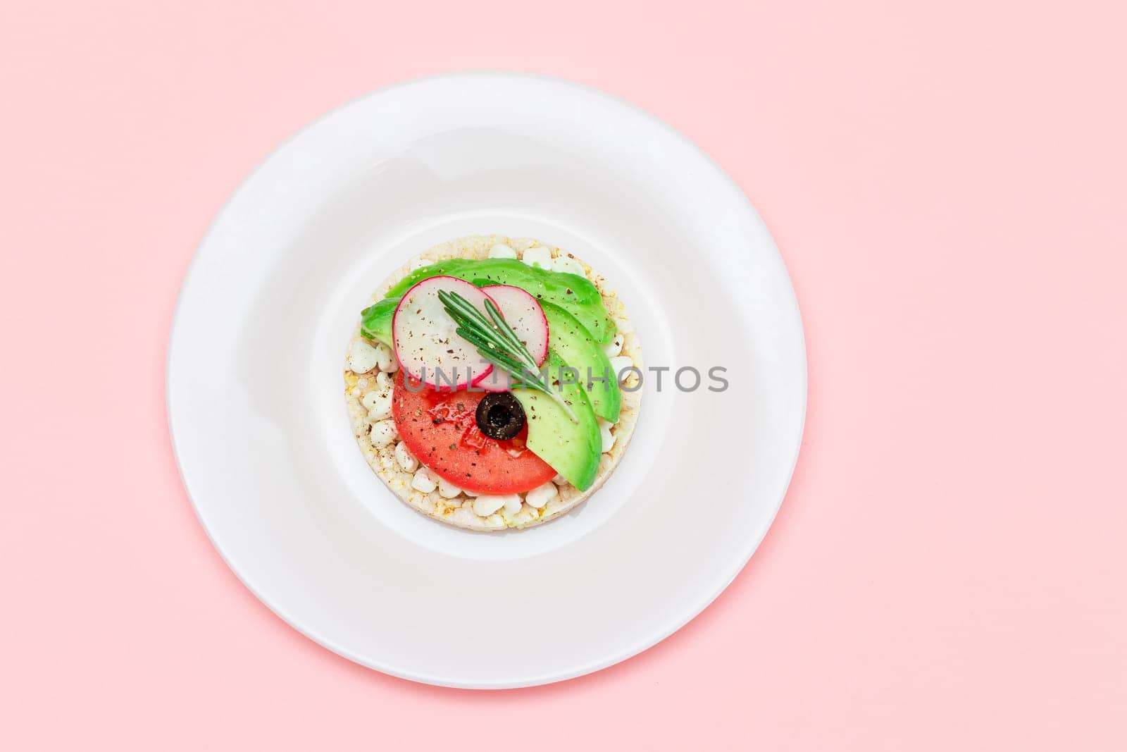 Rice Cake Sandwich with Avocado, Tomato, Cottage Cheese, Olives and Radish by InfinitumProdux